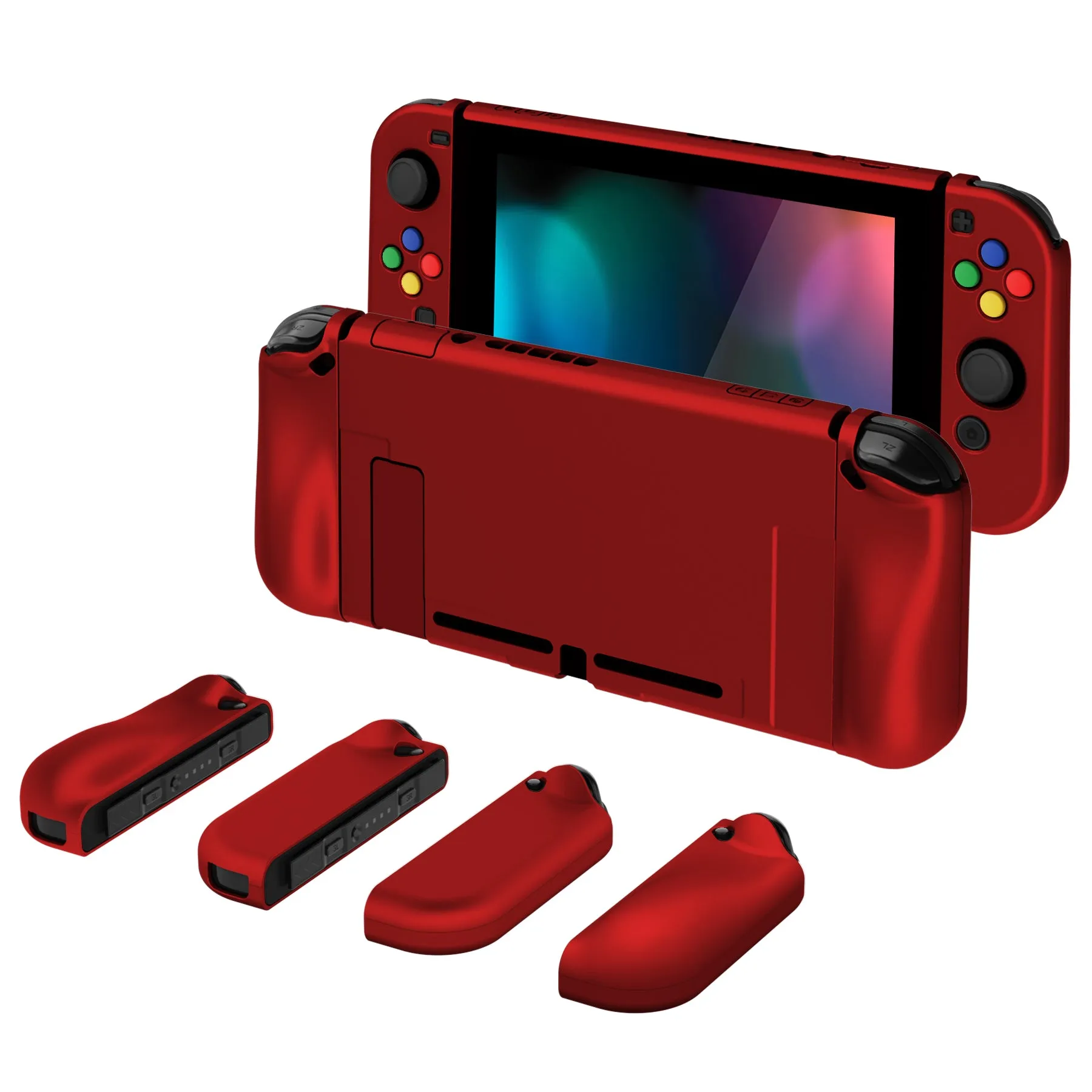 PlayVital AlterGrips Dockable Protective Case Ergonomic Grip Cover for Nintendo Switch, Interchangeable Joycon Cover w/Screen Protector & Thumb Grip Caps & Button Caps - Scarlet Red - TNSYP3004