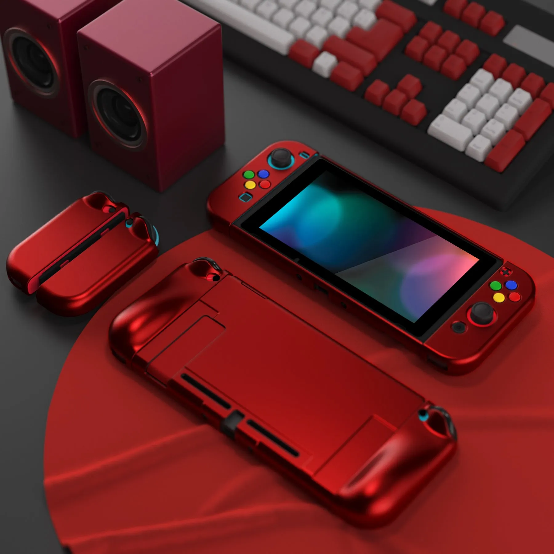 PlayVital AlterGrips Dockable Protective Case Ergonomic Grip Cover for Nintendo Switch, Interchangeable Joycon Cover w/Screen Protector & Thumb Grip Caps & Button Caps - Scarlet Red - TNSYP3004