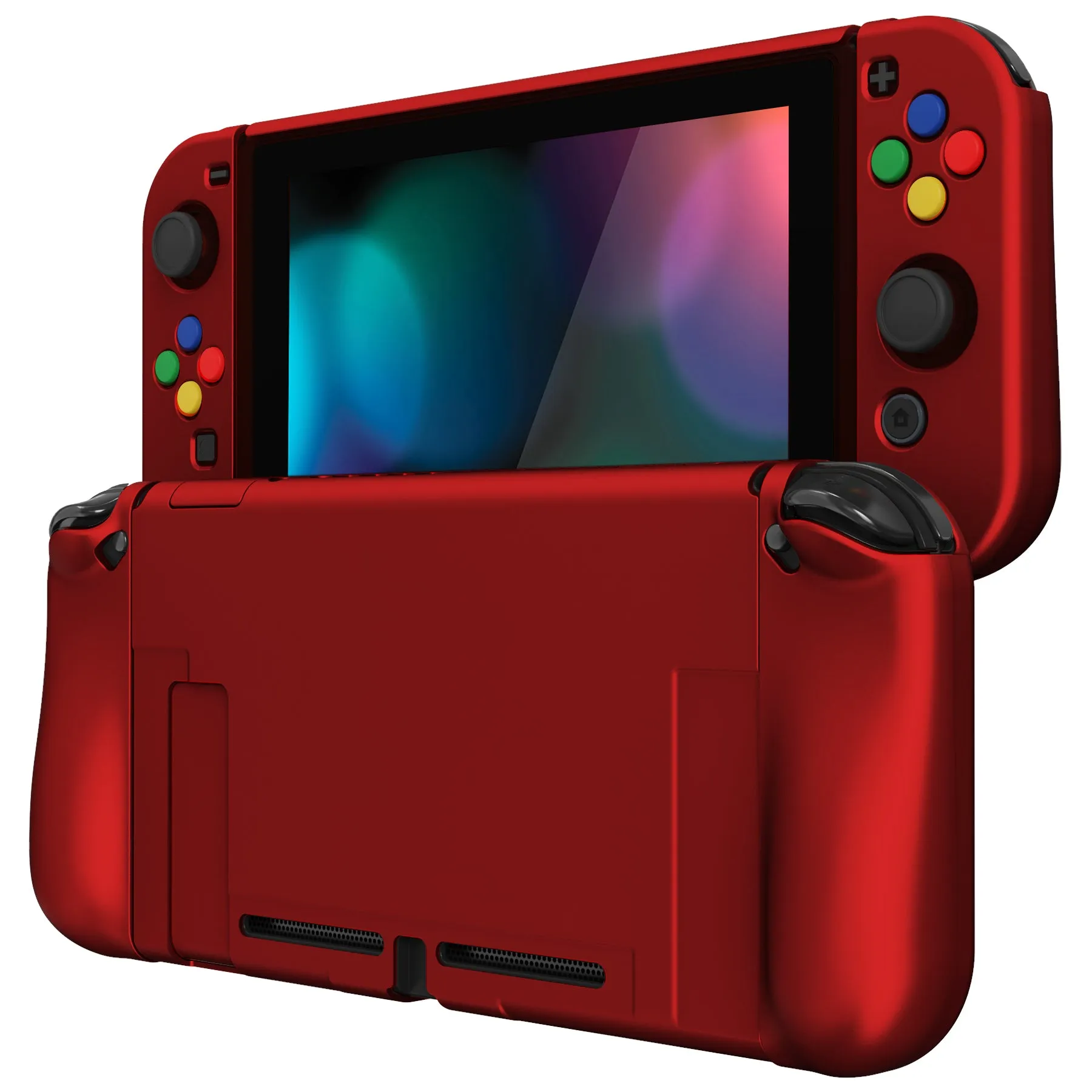 PlayVital AlterGrips Dockable Protective Case Ergonomic Grip Cover for Nintendo Switch, Interchangeable Joycon Cover w/Screen Protector & Thumb Grip Caps & Button Caps - Scarlet Red - TNSYP3004