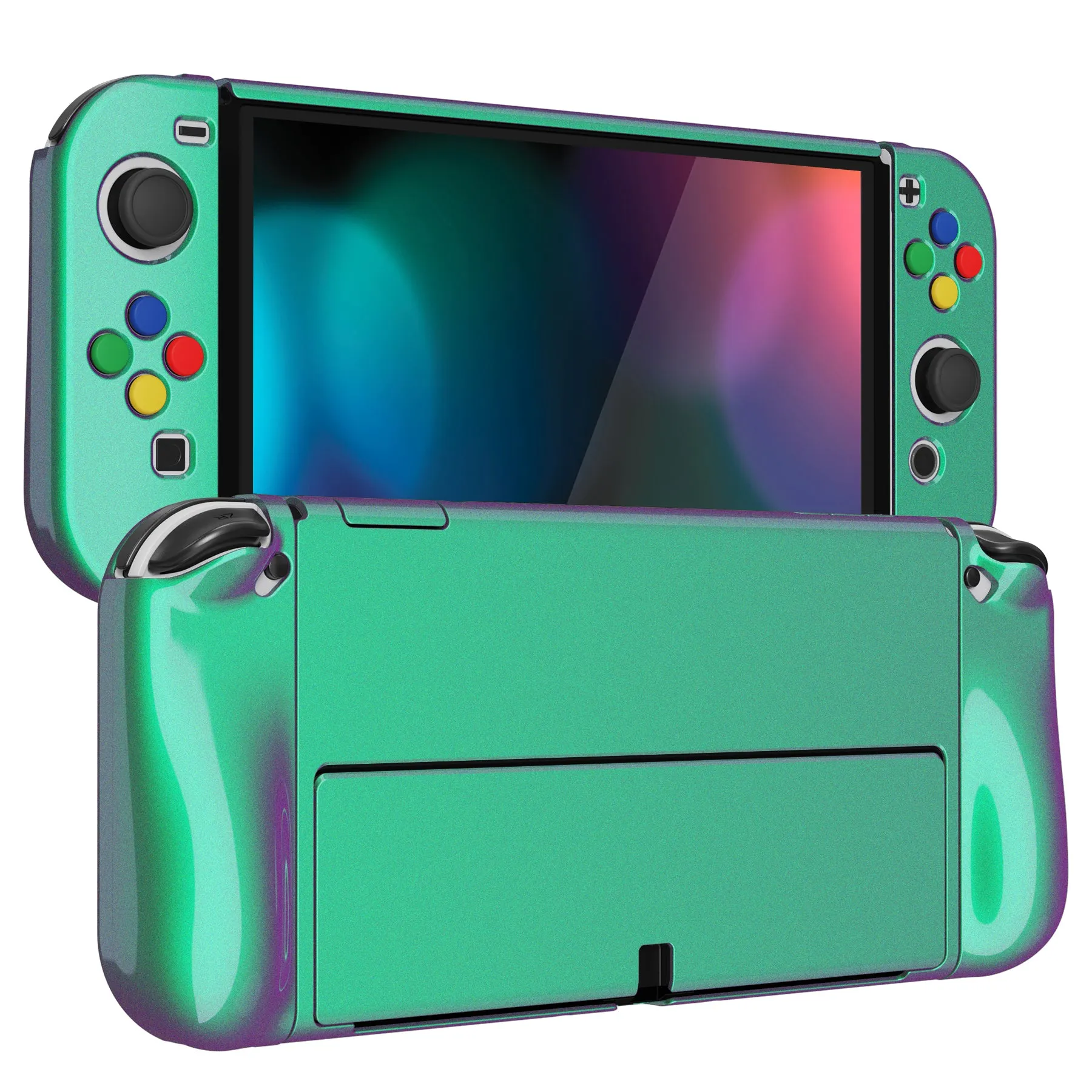 PlayVital AlterGrips Glossy Protective Slim Case for Nintendo Switch OLED, Ergonomic Grip Cover for Joycon, Dockable Hard Shell for Switch OLED w/Thumb Grip Caps & Button Caps - Chameleon Green Purple - JSOYP3002