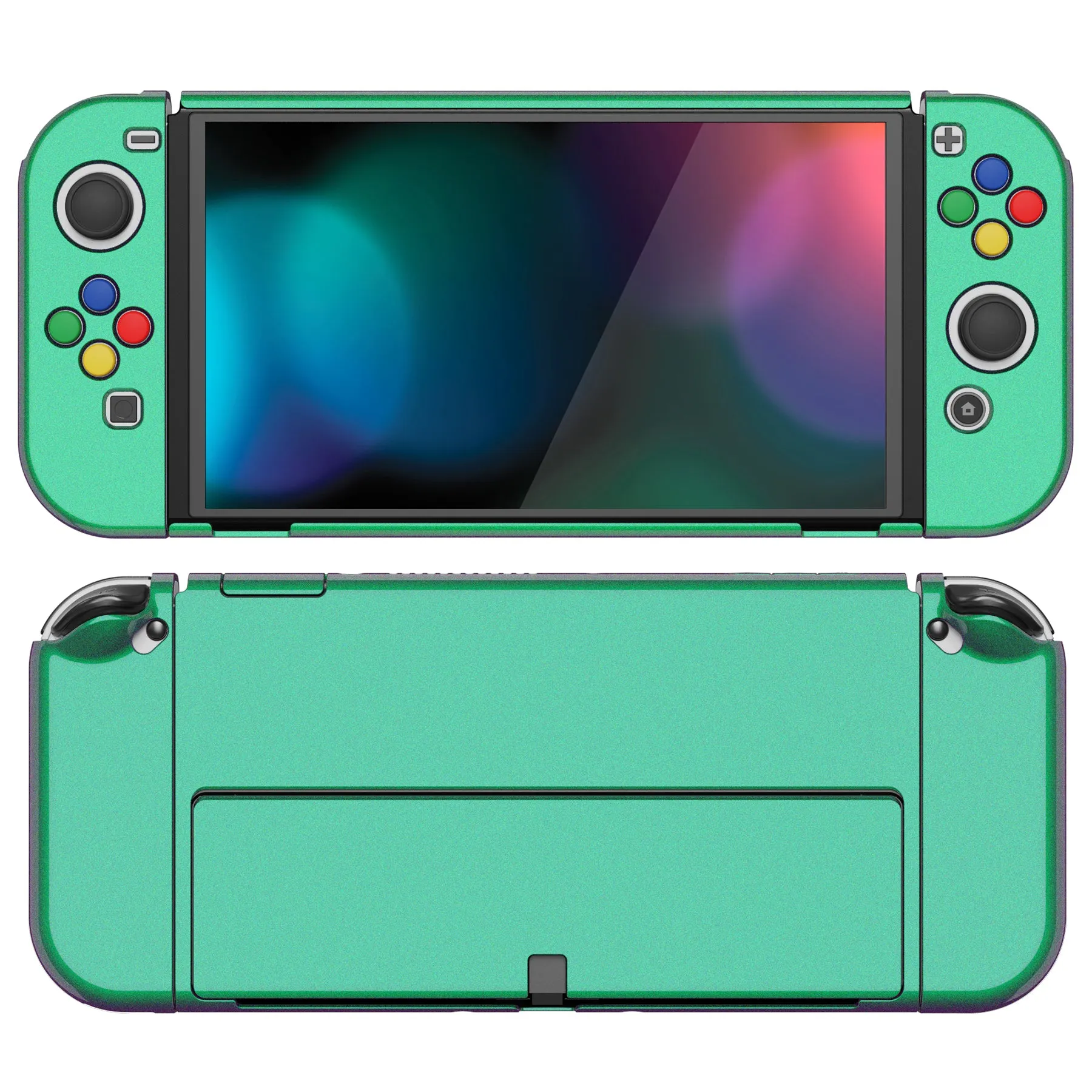 PlayVital AlterGrips Glossy Protective Slim Case for Nintendo Switch OLED, Ergonomic Grip Cover for Joycon, Dockable Hard Shell for Switch OLED w/Thumb Grip Caps & Button Caps - Chameleon Green Purple - JSOYP3002