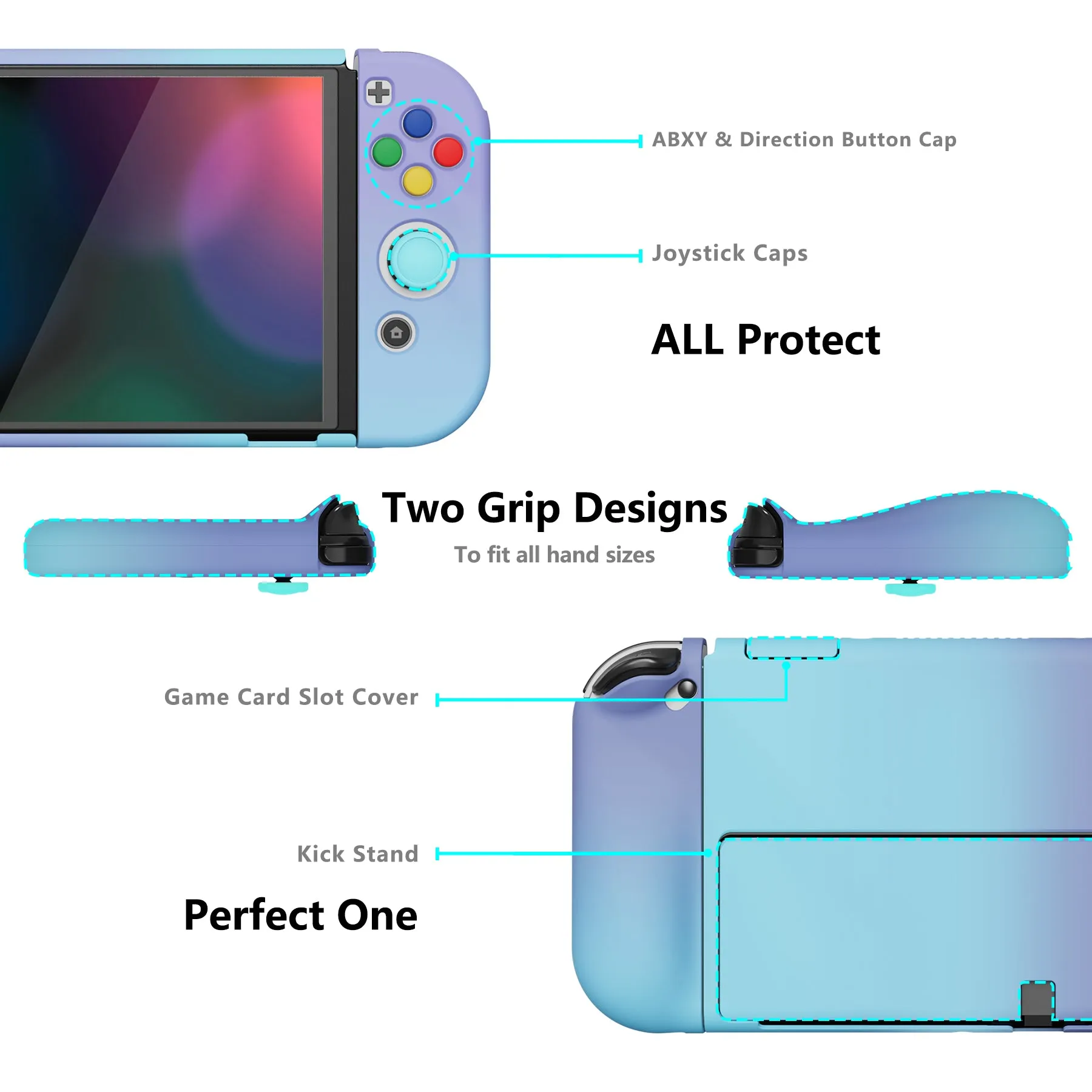 PlayVital AlterGrips Protective Slim Case for Nintendo Switch OLED, Ergonomic Grip Cover for Joycon, Dockable Hard Shell for Switch OLED with Thumb Grip Caps & Button Caps - Gradient Violet Blue - JSOYP3003