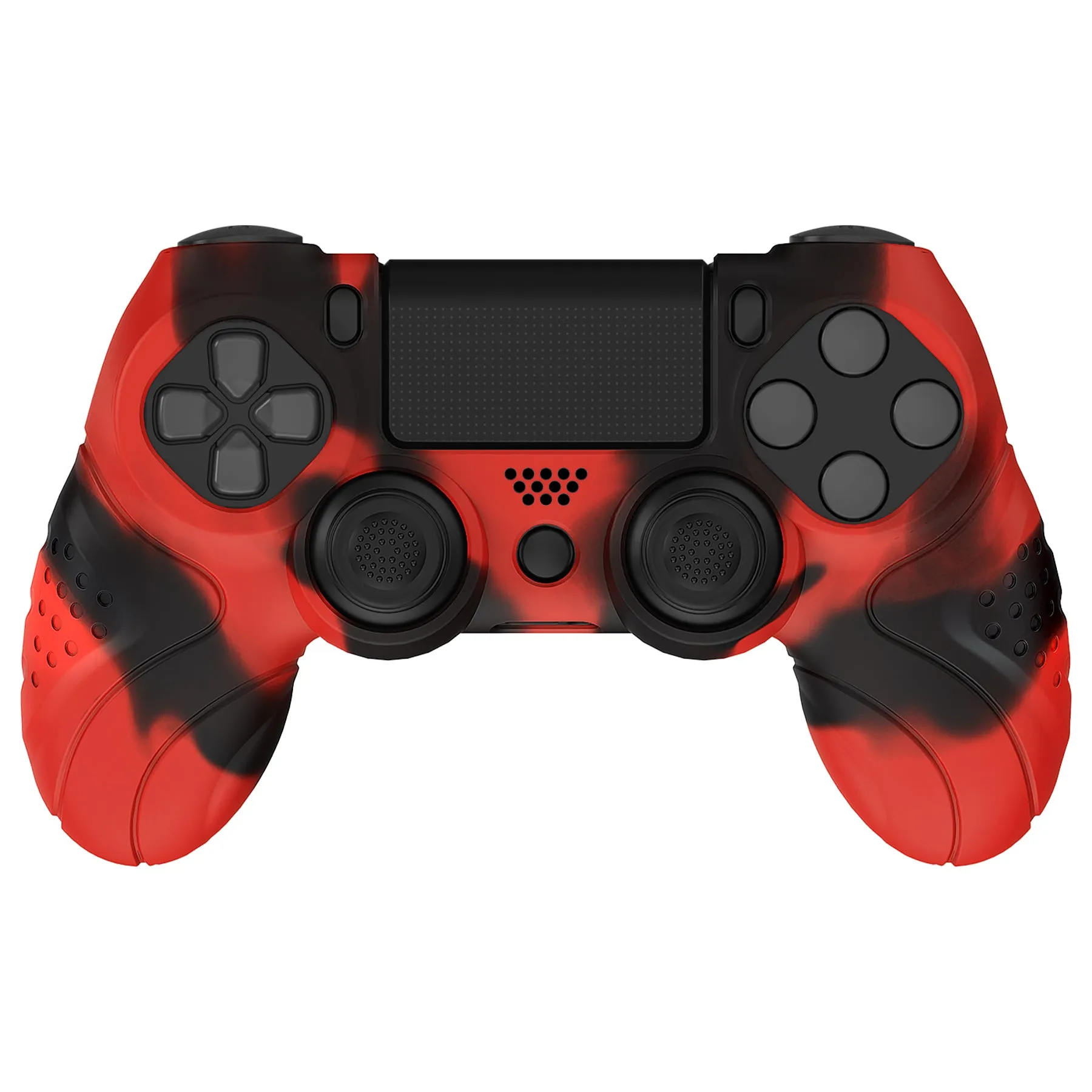 PlayVital Guardian Edition Red & Black Ergonomic Soft Anti-Slip Controller Silicone Case Cover for PS4, Rubber Protector Skins with black Joystick Caps for PS4 Slim PS4 Pro Controller - P4CC0071