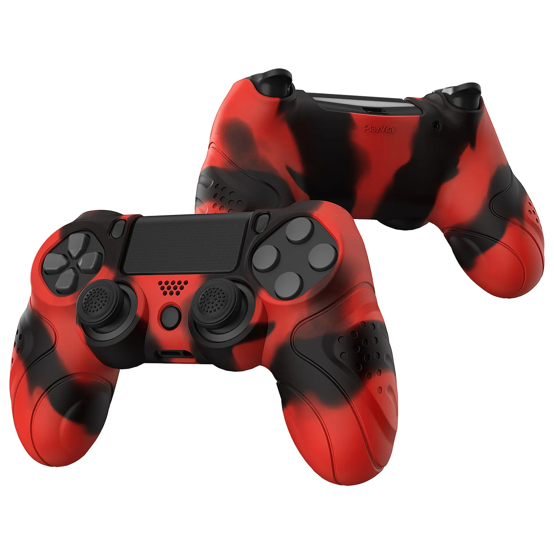 PlayVital Guardian Edition Red & Black Ergonomic Soft Anti-Slip Controller Silicone Case Cover for PS4, Rubber Protector Skins with black Joystick Caps for PS4 Slim PS4 Pro Controller - P4CC0071