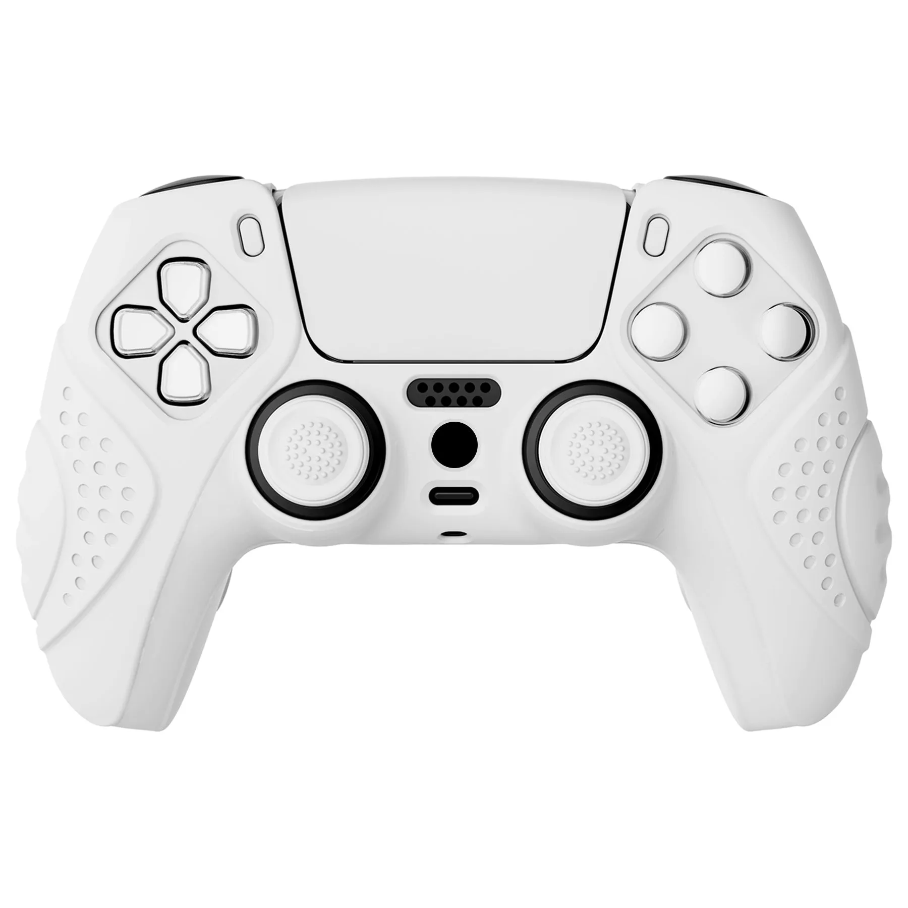 PlayVital Guardian Edition White Ergonomic Soft Anti-slip Controller Silicone Case Cover, Rubber Protector Skins with White Joystick Caps for PS5 Controller - YHPF002