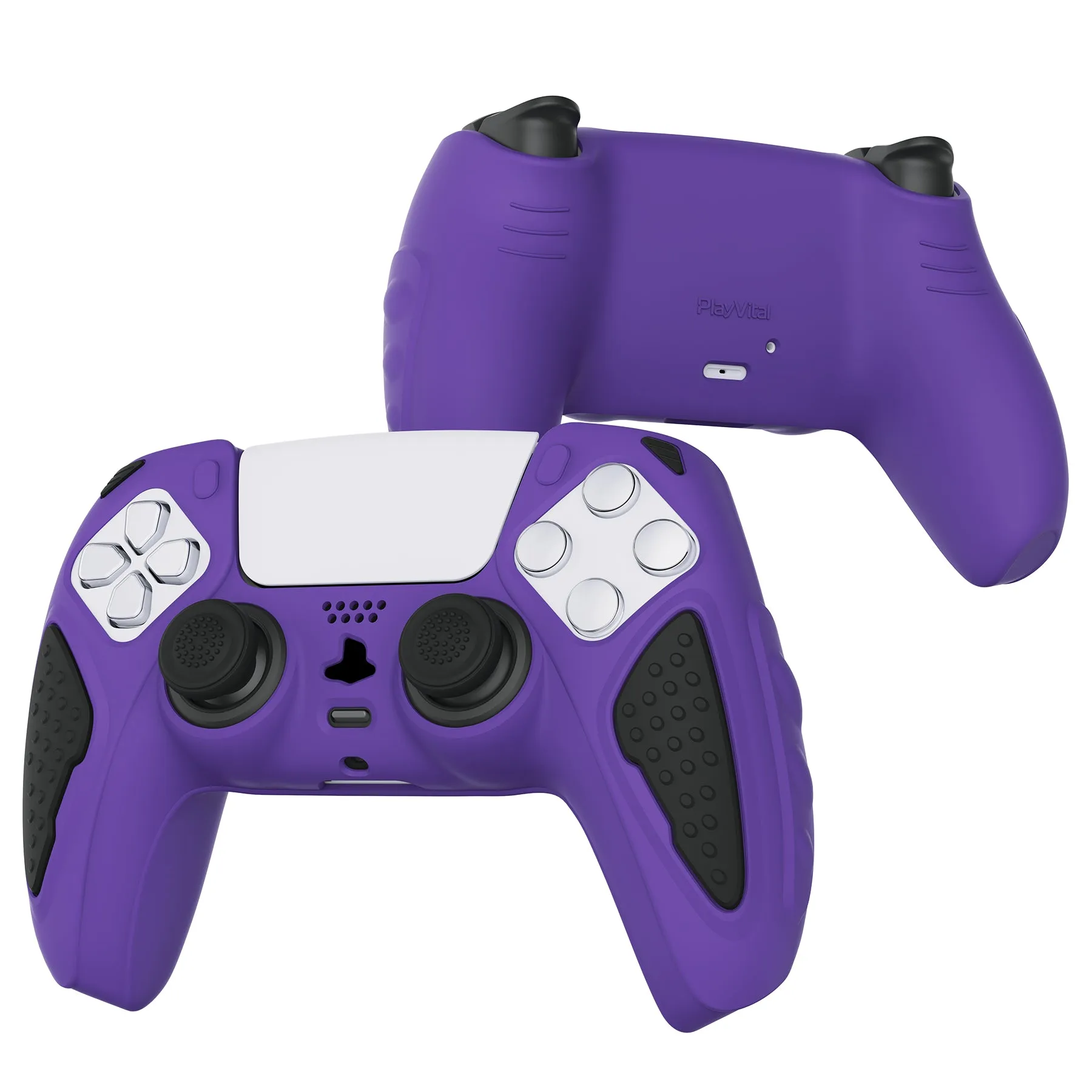 PlayVital Knight Edition Passion Purple & Black Two Tone Anti-Slip Silicone Cover Skin for Playstation 5 Controller, Soft Rubber Case for PS5 Controller with Thumb Grip Caps - QSPF006