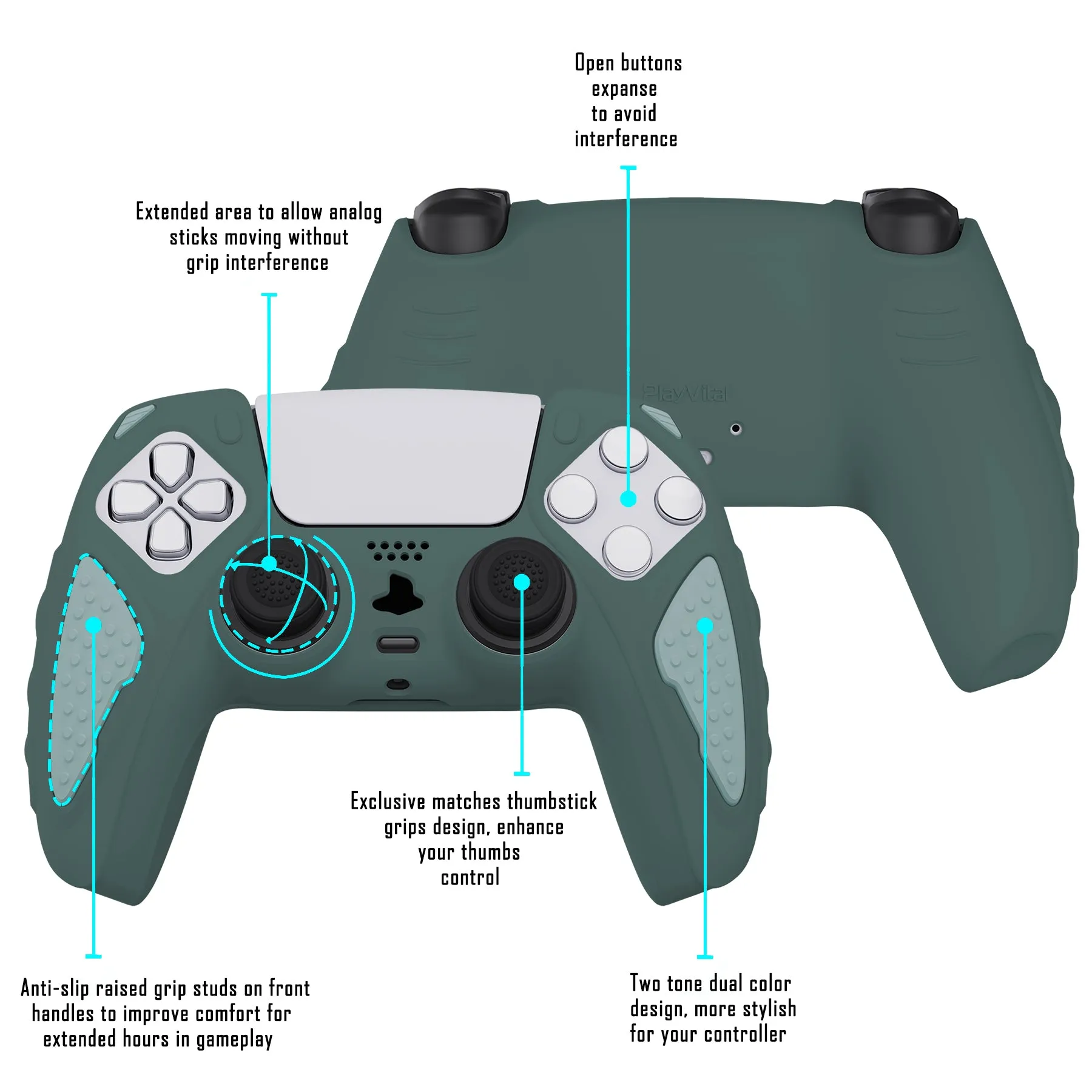 PlayVital Knight Edition Templeton Gray & Jade Grey Two Tone Anti-Slip Silicone Cover Skin for Playstation 5 Controller, Soft Rubber Case for PS5 Controller with Thumb Grip Caps - QSPF012