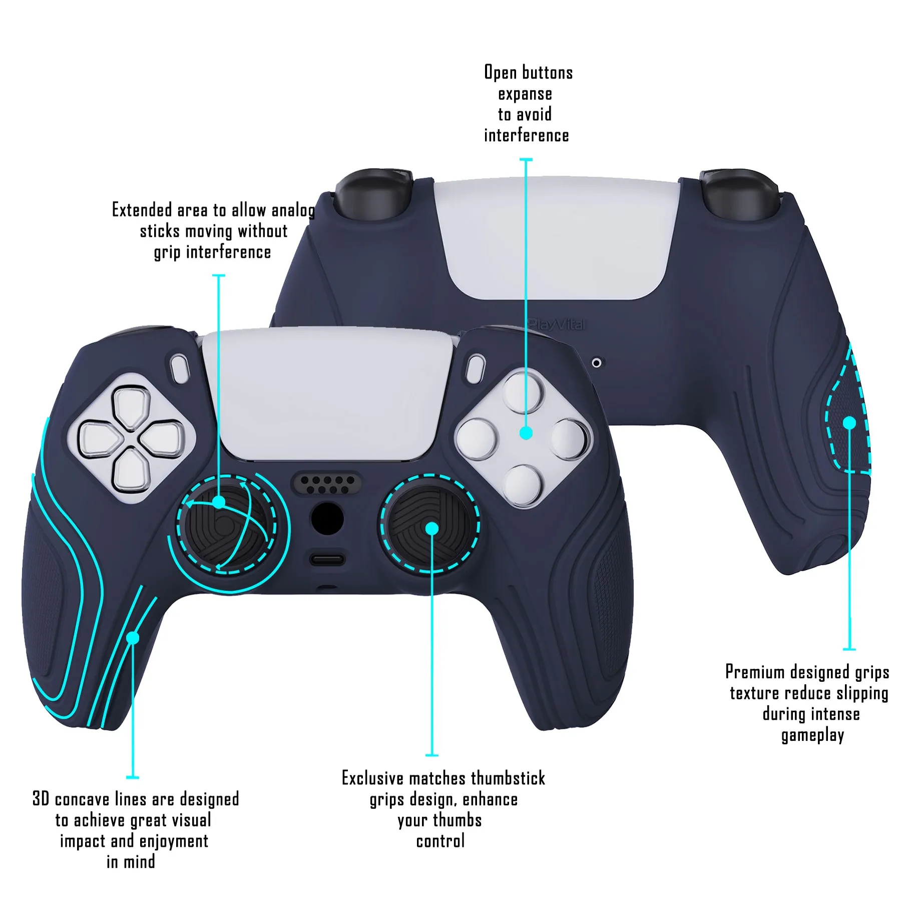 PlayVital Samurai Edition Midnight Blue Anti-slip Controller Grip Silicone Skin, Ergonomic Soft Rubber Protective Case Cover for PlayStation 5 PS5 Controller with Black Thumb Stick Caps - BWPF003