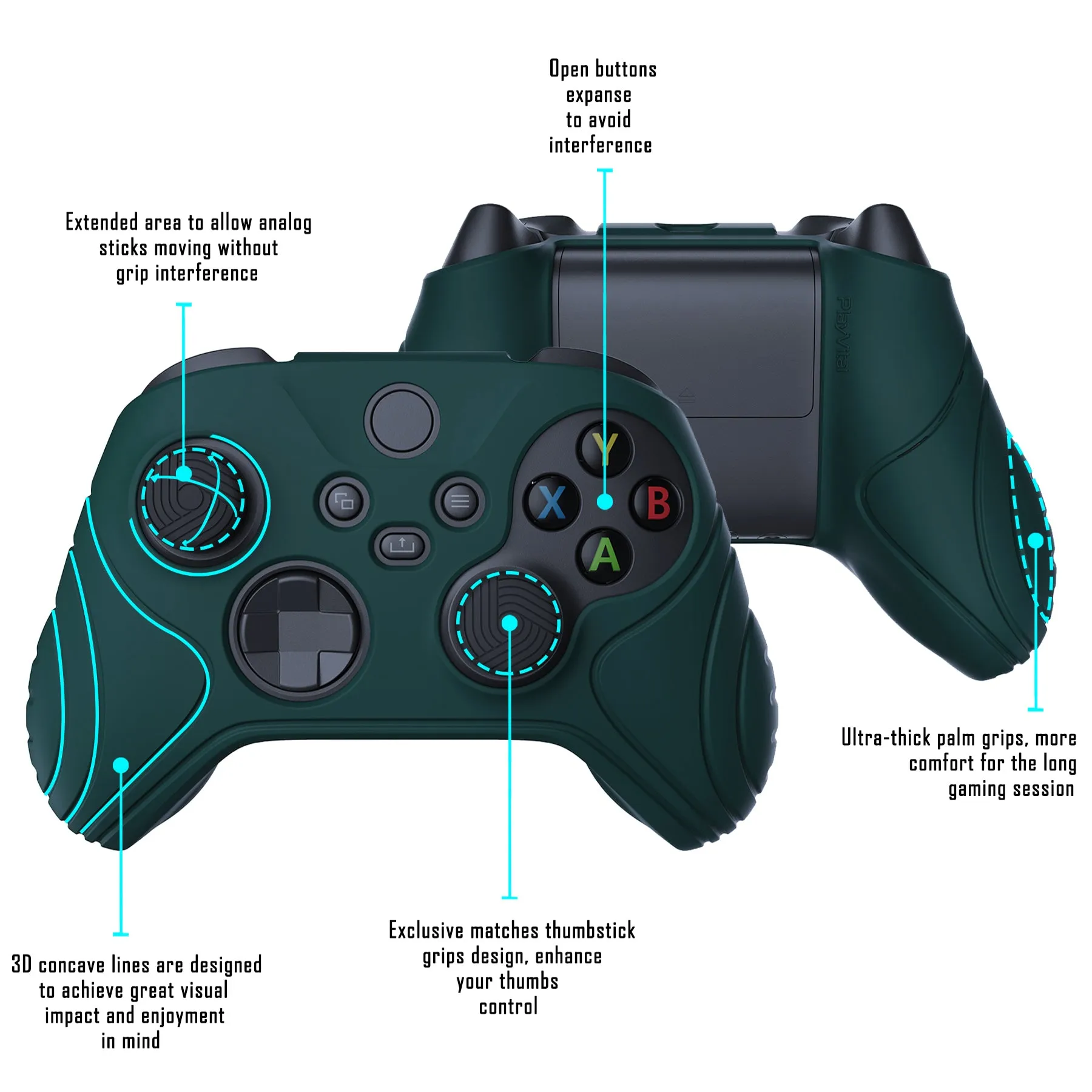 PlayVital Samurai Edition Racing Green Anti-slip Controller Grip Silicone Skin, Ergonomic Soft Rubber Protective Case Cover for Xbox Series S/X Controller with Black Thumb Stick Caps - WAX3004