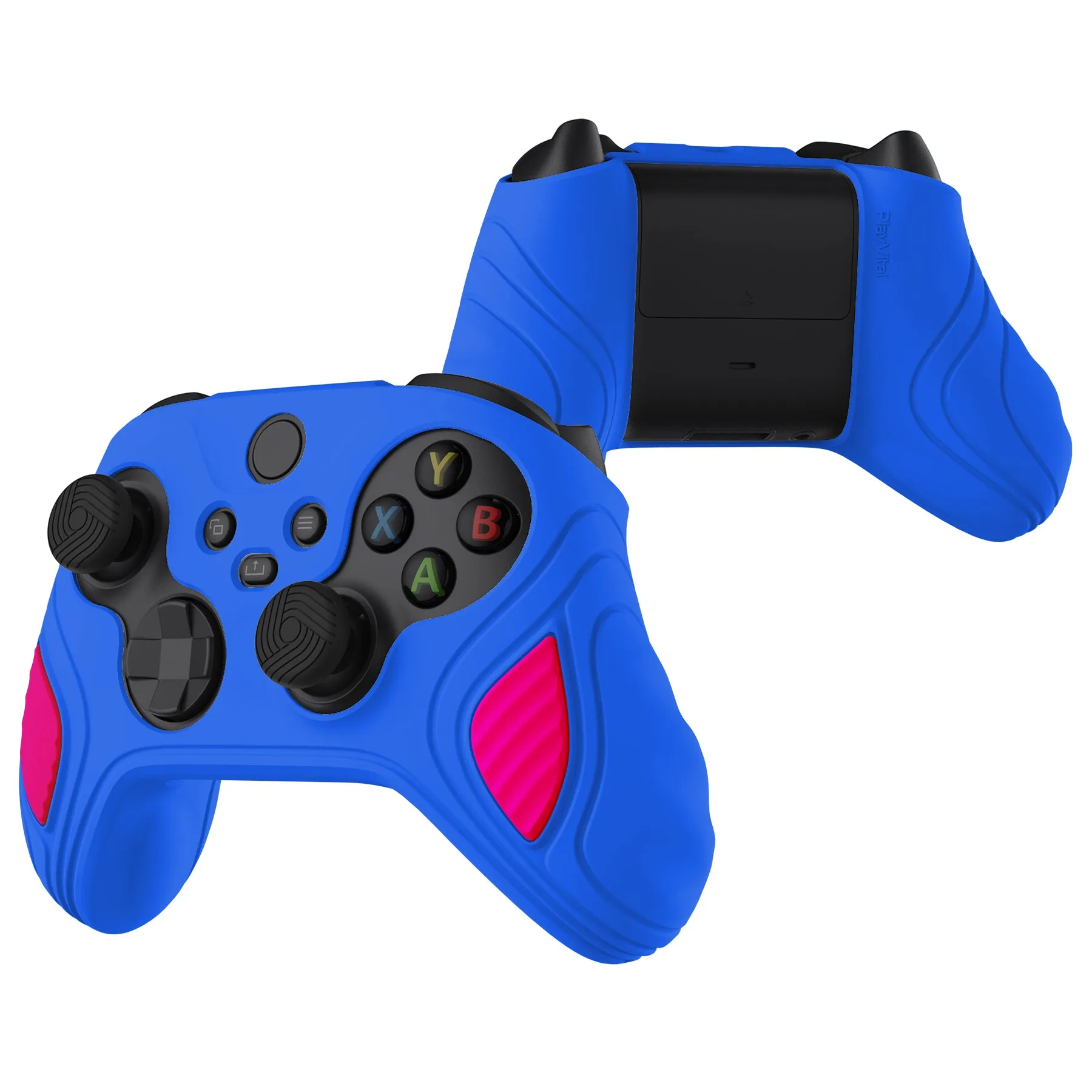 PlayVital Scorpion Edition Two-Tone Anti-Slip Silicone Case Cover for Xbox Series X/S Controller, Soft Rubber Case for Xbox Core Controller with Thumb Grip Caps - Primary Blue & Bright Pink - SPX3010