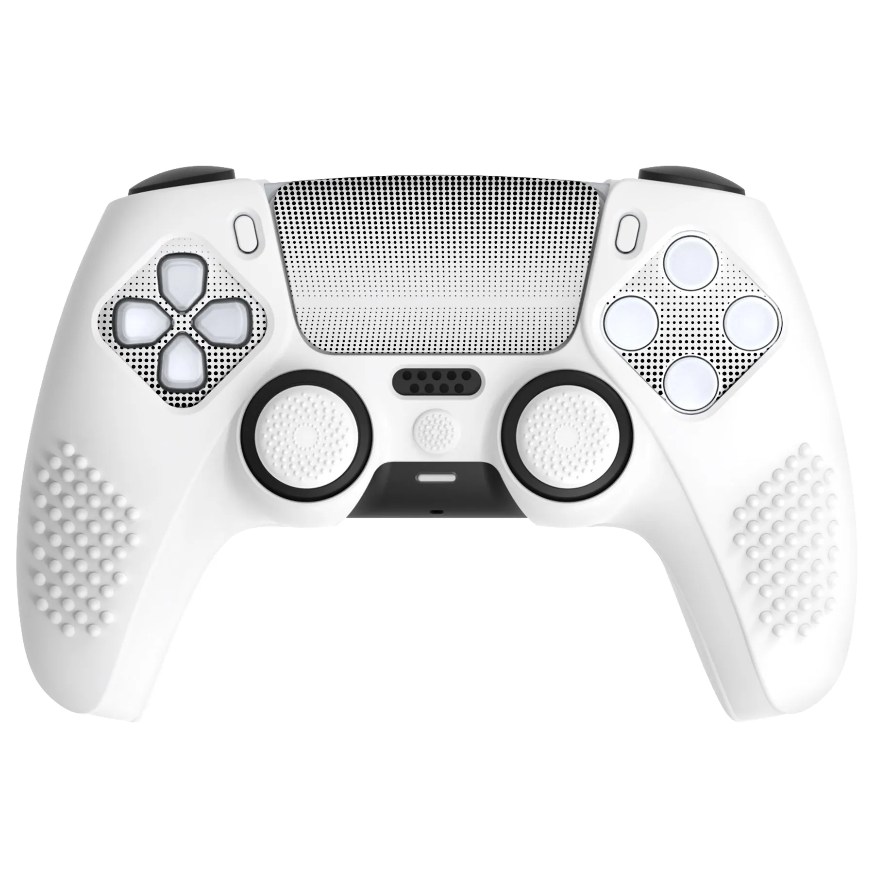 PlayVital Upgraded 3D Studded Edition White Silicone Cover Skin for PS5 Controller with 6 Thumb Grips & 2 Stickers, Anti-Slip Shockproof Controller Grip Case - Compatible with Charging Dock - TVAPFP002