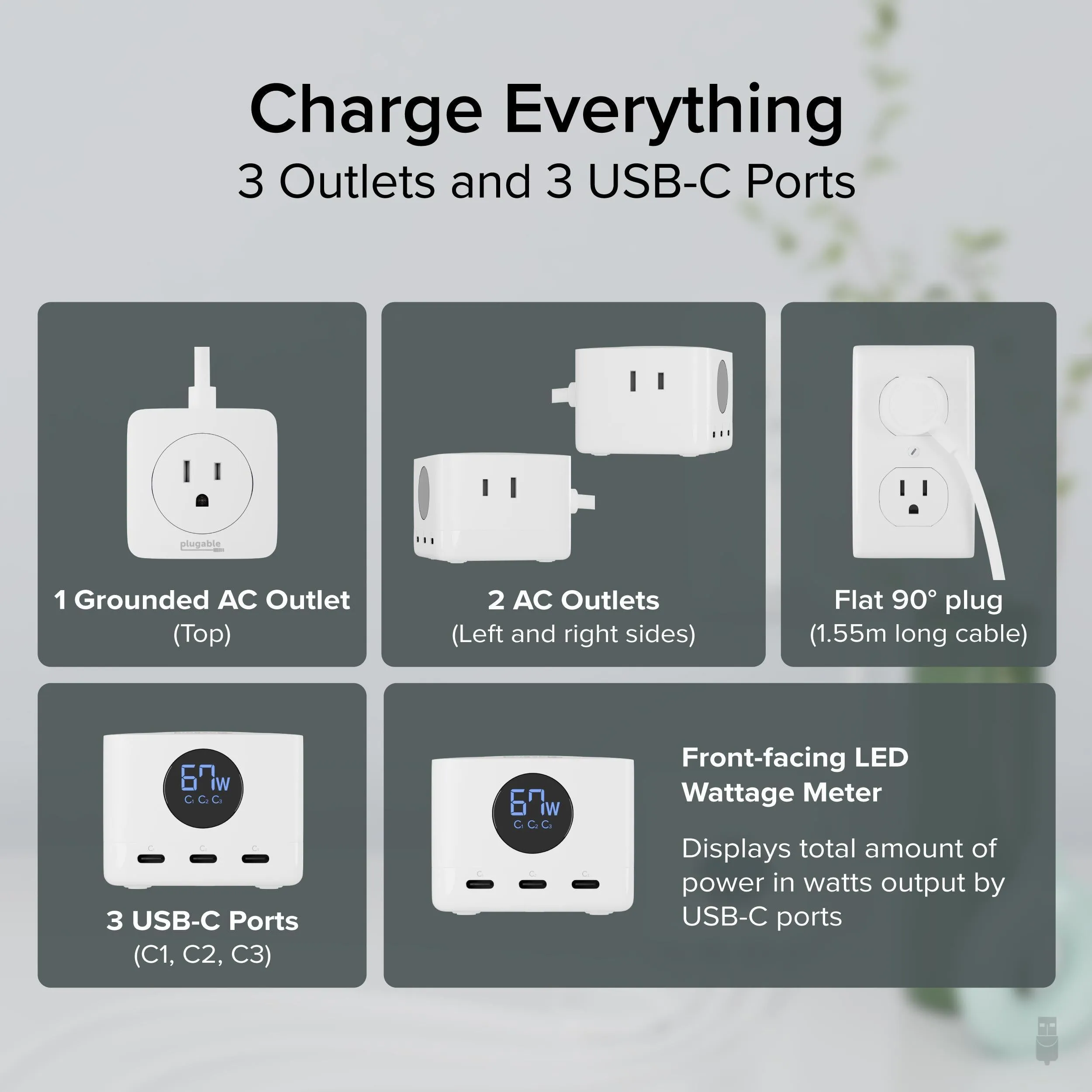 Plugable Power Strip and USB C Charging Station with Power Meter, 67W