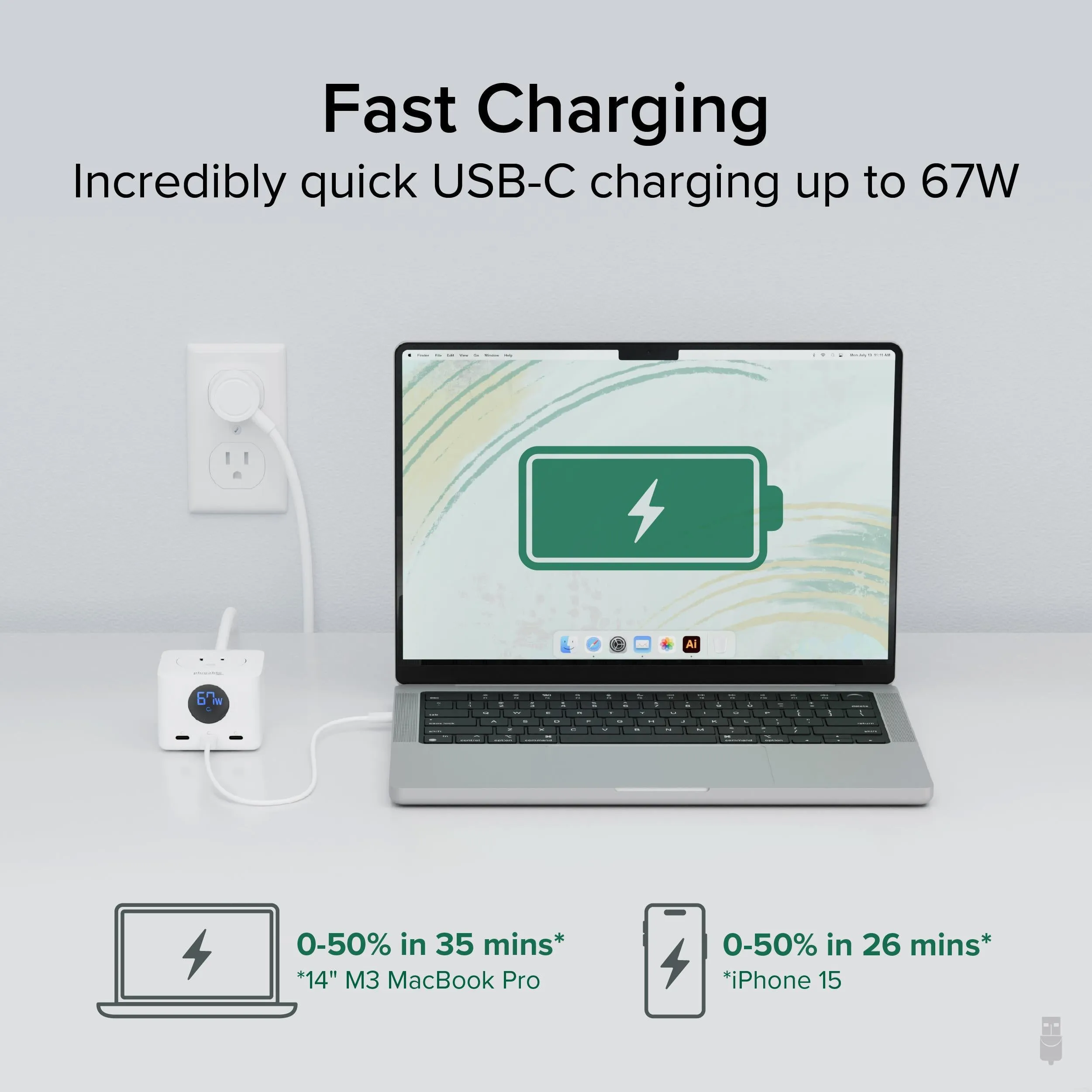 Plugable Power Strip and USB C Charging Station with Power Meter, 67W