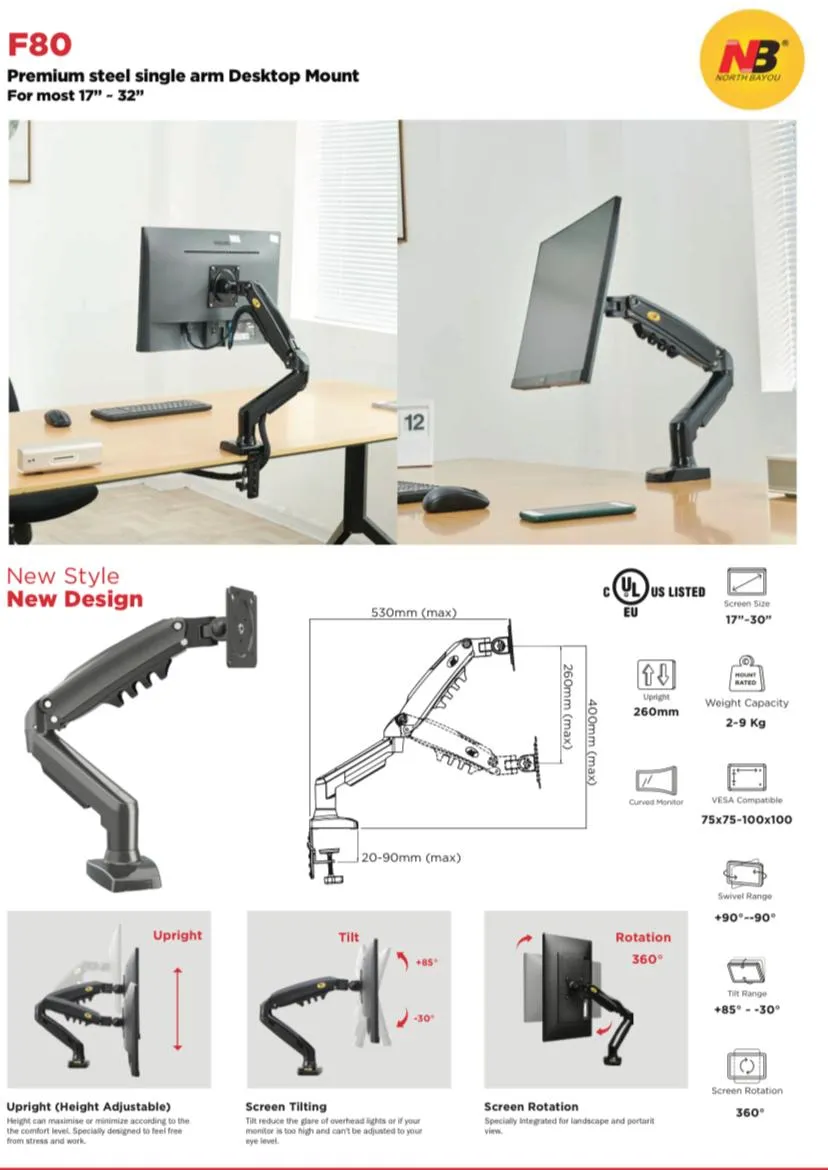 Premium Single Monitor Steel Monitor Arm - SH F80 (Fits Most 17" ~ 32")