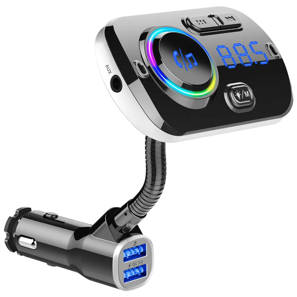 Qc3.0 Fast Charge Car Bluetooth MP3 Hands-Free Phone Player FM Transmitter Ambience Light Display