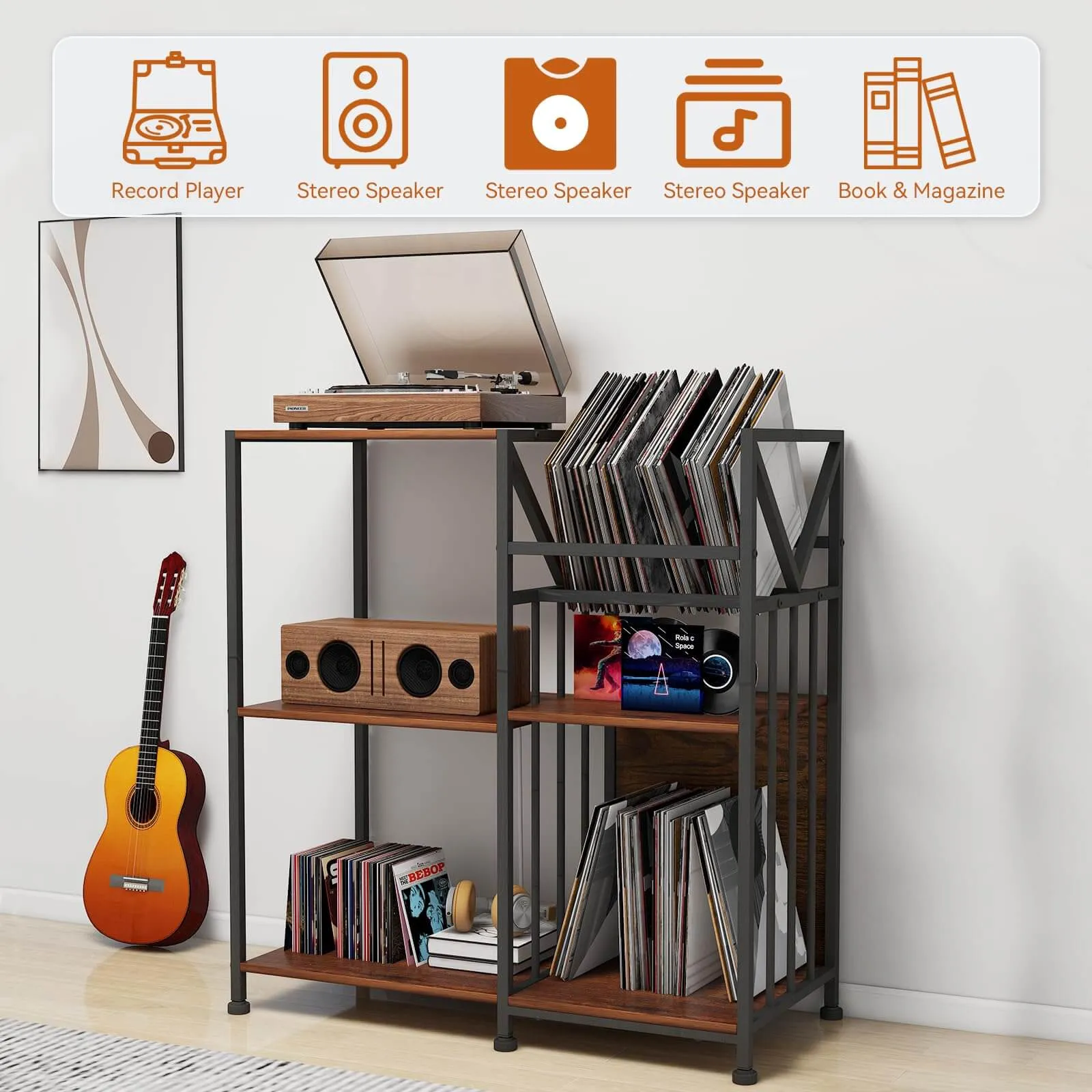 Record Player Stand with Adjustable LED Light and Charging Station IF136