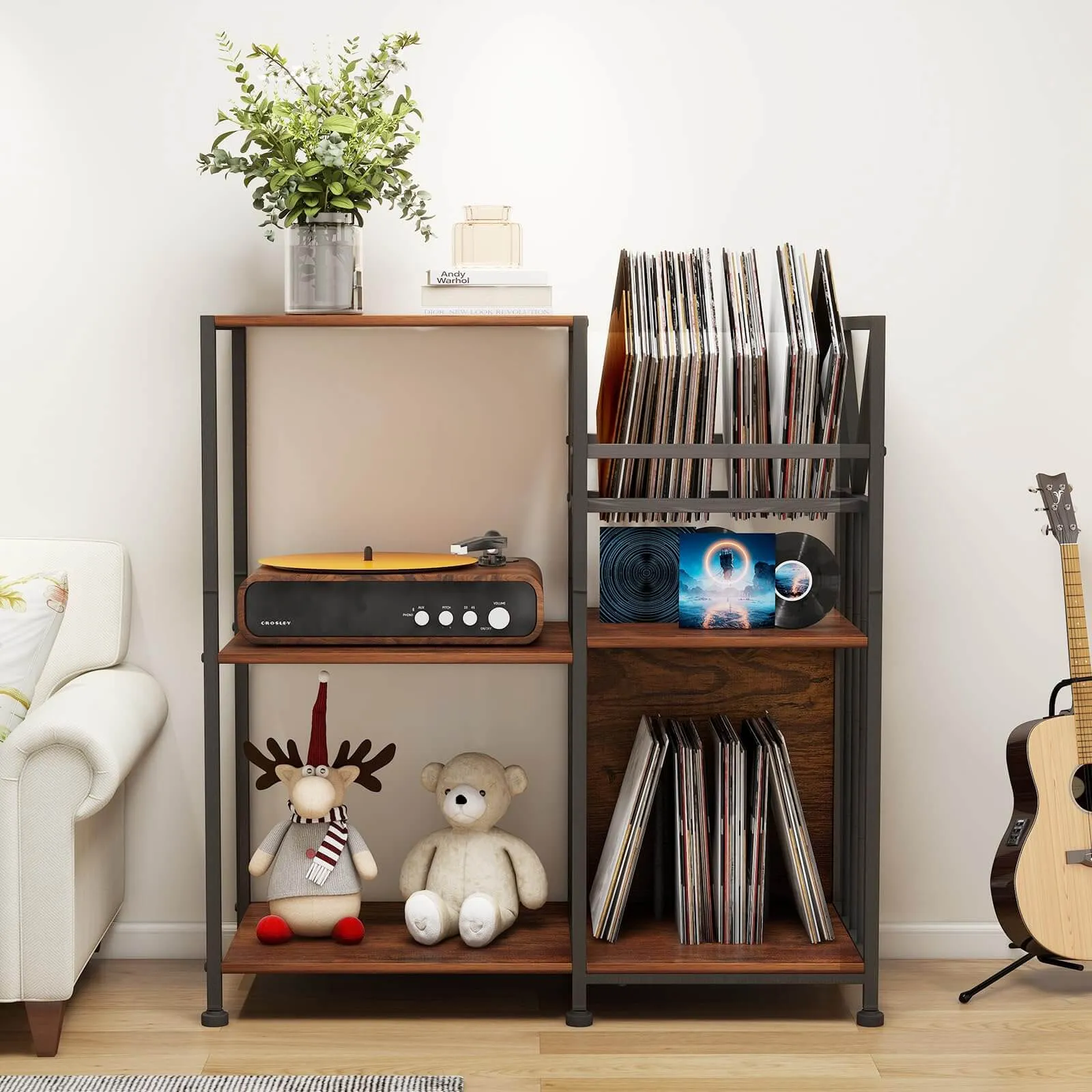 Record Player Stand with Adjustable LED Light and Charging Station IF136