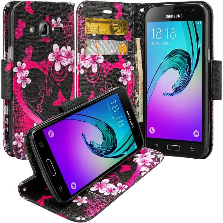 Samsung Galaxy Core Prime Wallet Case, Wrist Strap Flip [Kickstand] Pu Leather Wallet Case with ID & Credit Card Slots, Hot Pink Hearts