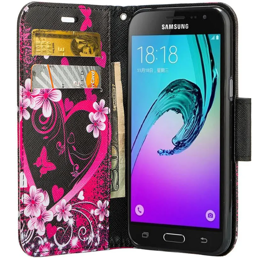 Samsung Galaxy Core Prime Wallet Case, Wrist Strap Flip [Kickstand] Pu Leather Wallet Case with ID & Credit Card Slots, Hot Pink Hearts