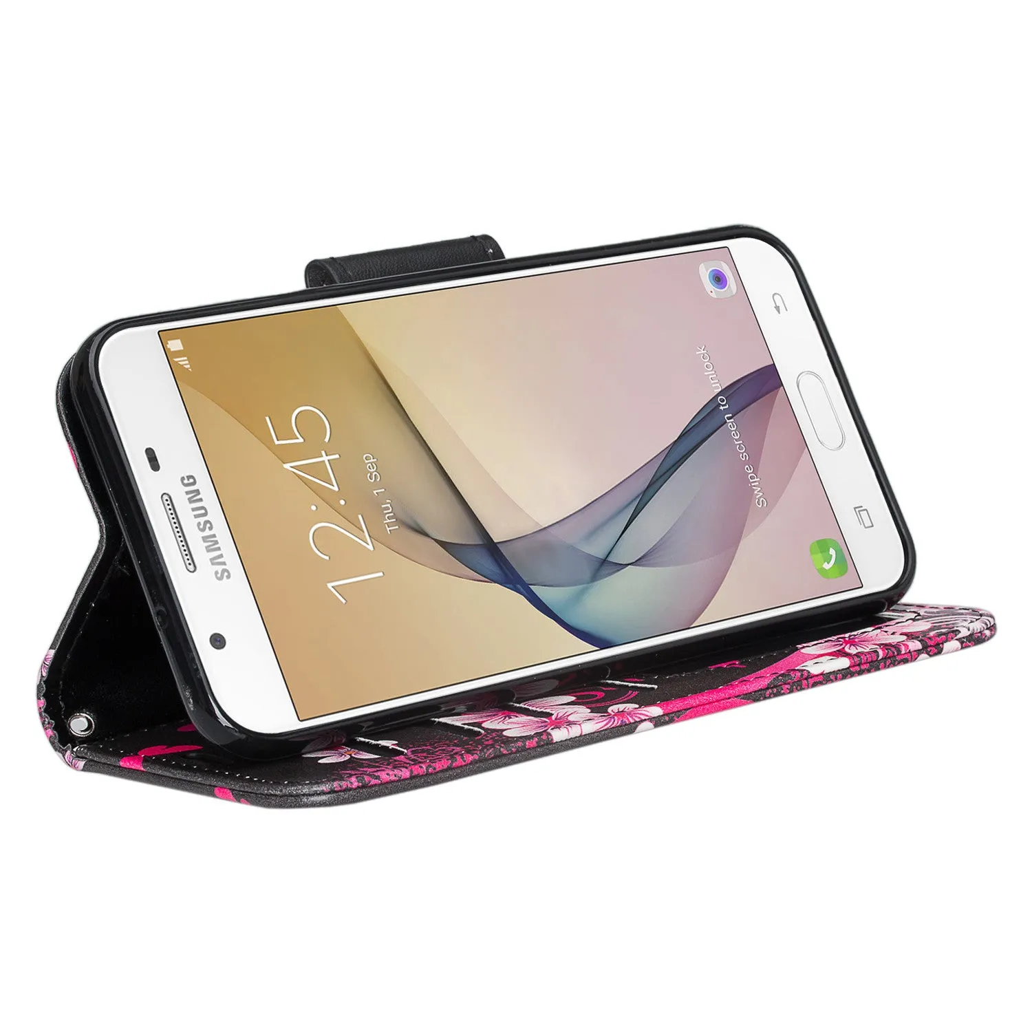 Samsung Galaxy J7 (2017) / J7 Sky Pro / J7 Perx / J7 V / J7 Prime / Galaxy Halo Case, Wrist Strap Pu Leather Magnetic Flip[Kickstand] Wallet Cover w/ Card Slots - Heart Butterflies