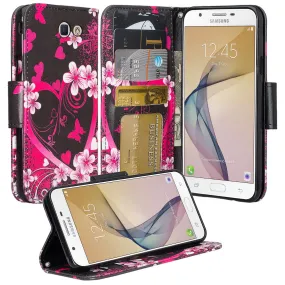 Samsung Galaxy J7 (2017) / J7 Sky Pro / J7 Perx / J7 V / J7 Prime / Galaxy Halo Case, Wrist Strap Pu Leather Magnetic Flip[Kickstand] Wallet Cover w/ Card Slots - Heart Butterflies