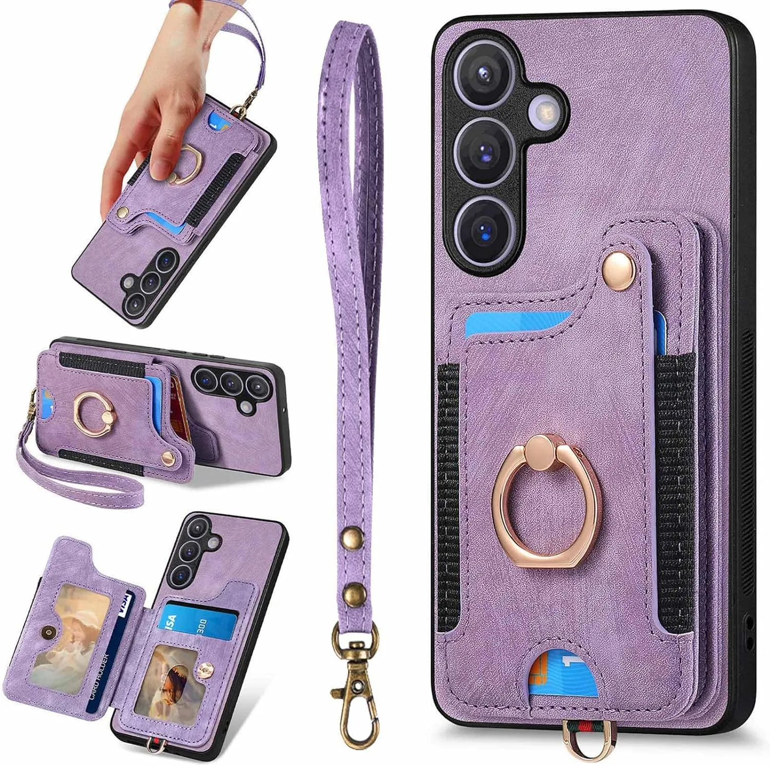 Samsung Galaxy S24 Ring Stand RFID-Blocking Wrist Strap Protective Flip Cases