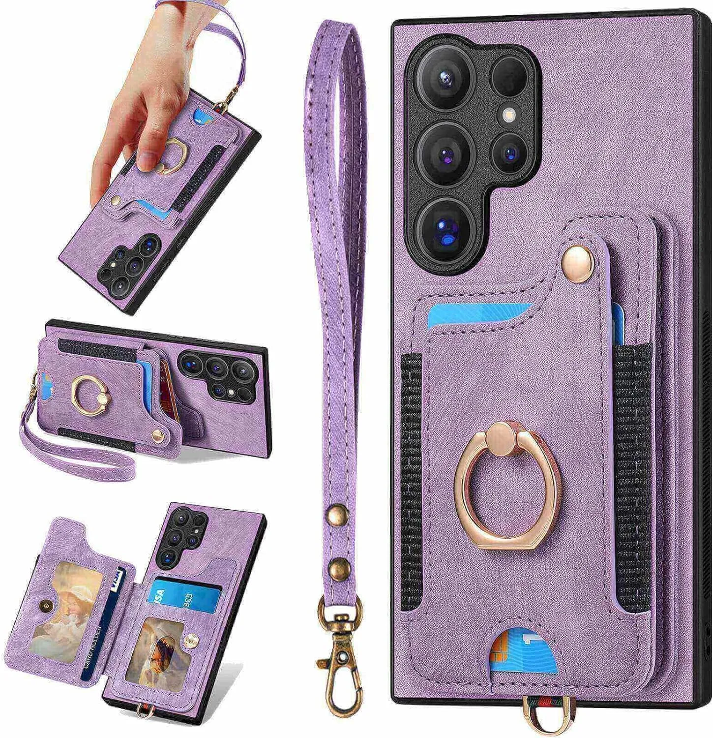 Samsung Galaxy S24 Ring Stand RFID-Blocking Wrist Strap Protective Flip Cases