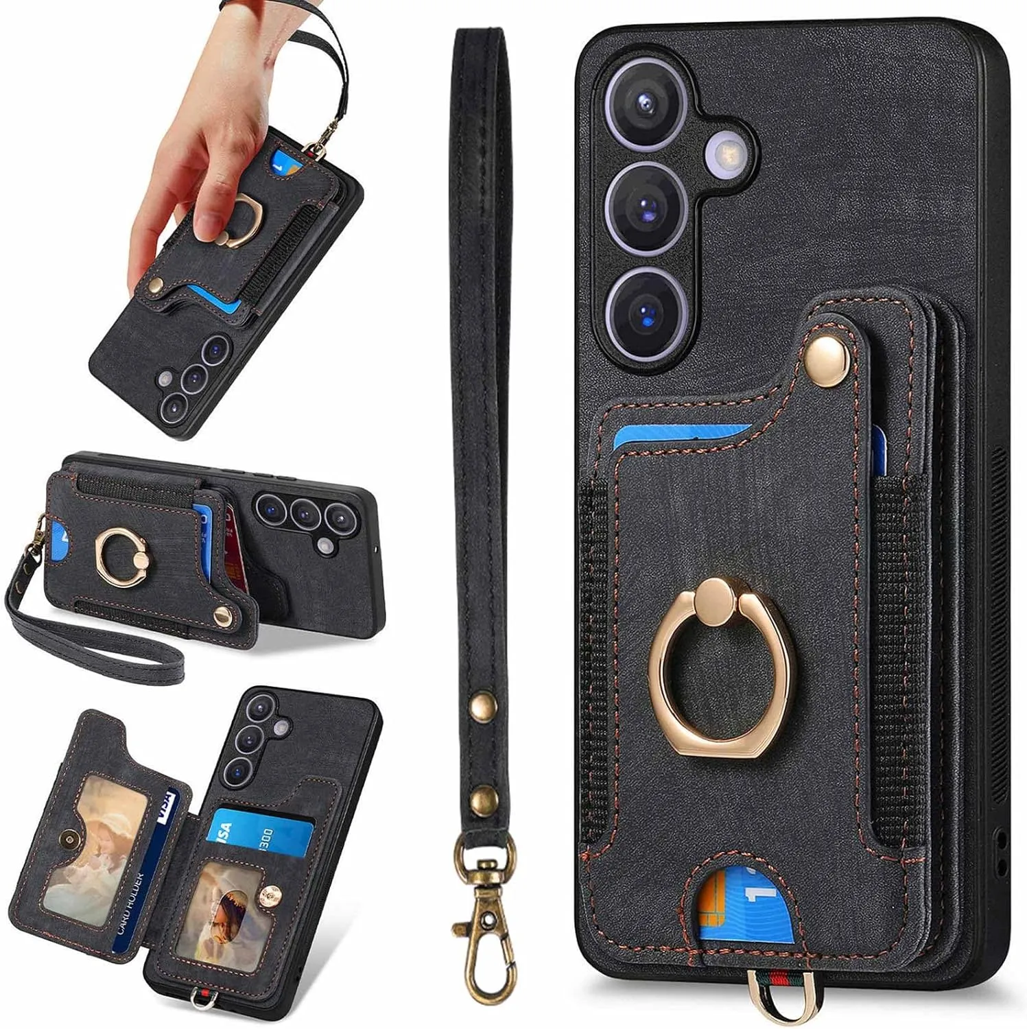 Samsung Galaxy S24 Ring Stand RFID-Blocking Wrist Strap Protective Flip Cases