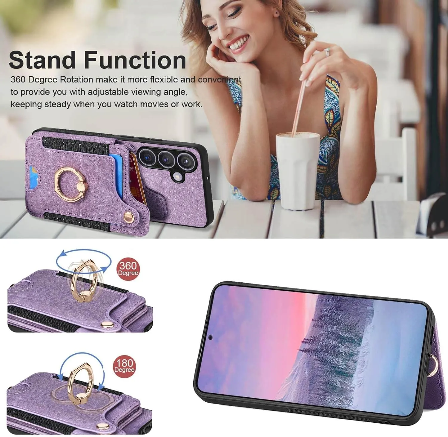 Samsung Galaxy S24 Ring Stand RFID-Blocking Wrist Strap Protective Flip Cases