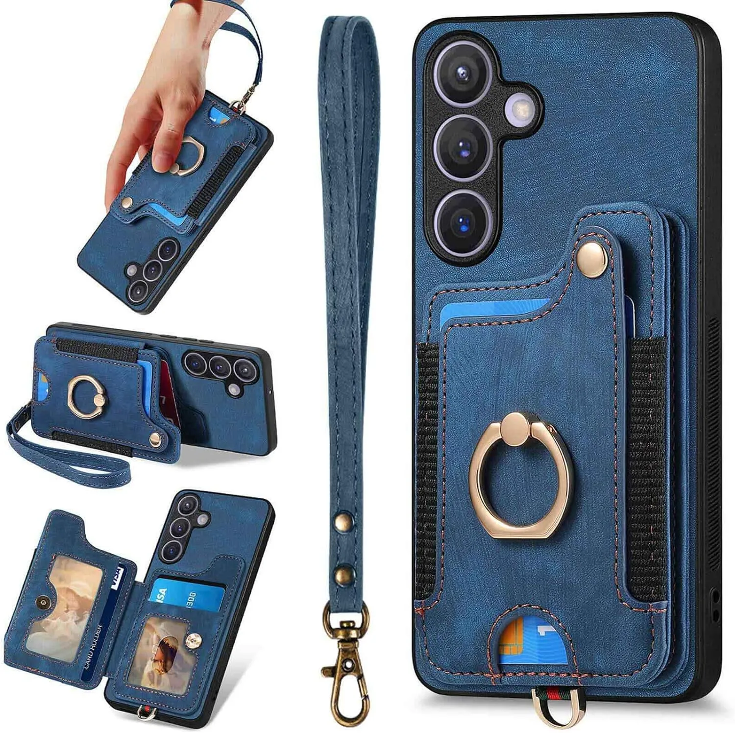 Samsung Galaxy S24 Ring Stand RFID-Blocking Wrist Strap Protective Flip Cases