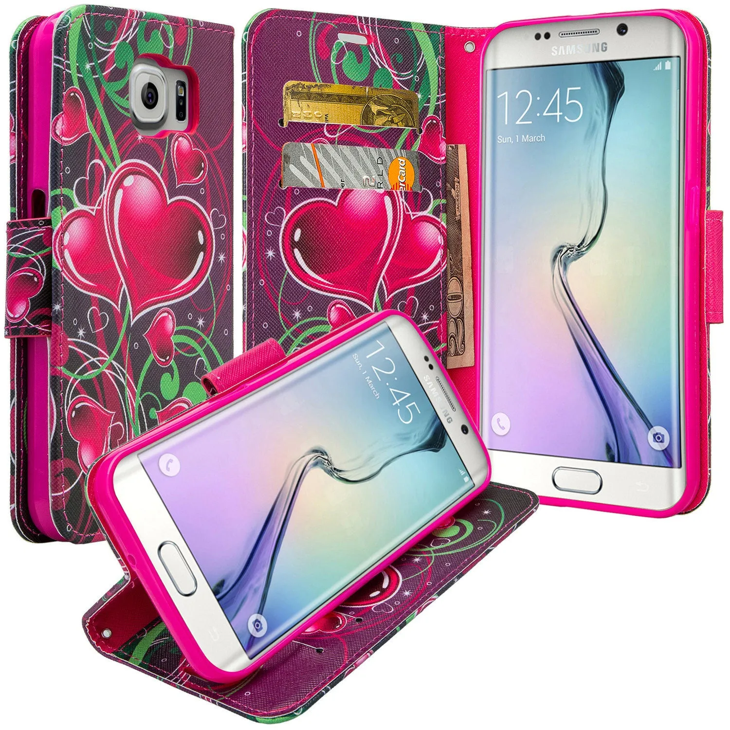 Samsung Galaxy S7 Wallet Case, Wrist Strap Pu Leather Magnetic Flip Fold[Kickstand] with ID & Card Slots for Galaxy S7 - Heart Sensation