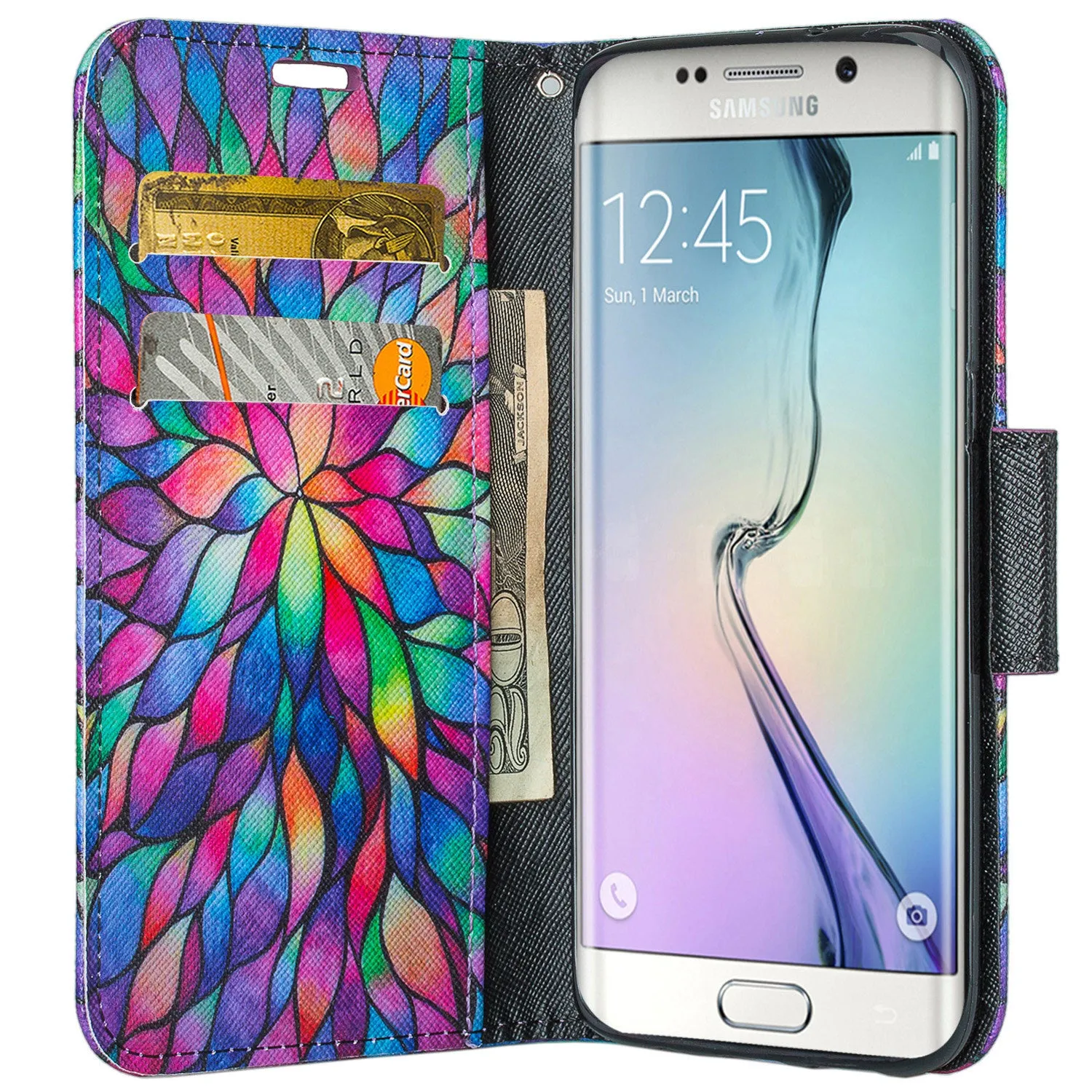 Samsung Galaxy S7 Wallet Case, Wrist Strap Pu Leather Magnetic Flip Fold[Kickstand] with ID & Card Slots for Galaxy S7 - Rainbow Flower