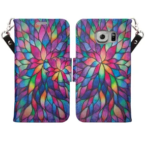 Samsung Galaxy S7 Wallet Case, Wrist Strap Pu Leather Magnetic Flip Fold[Kickstand] with ID & Card Slots for Galaxy S7 - Rainbow Flower