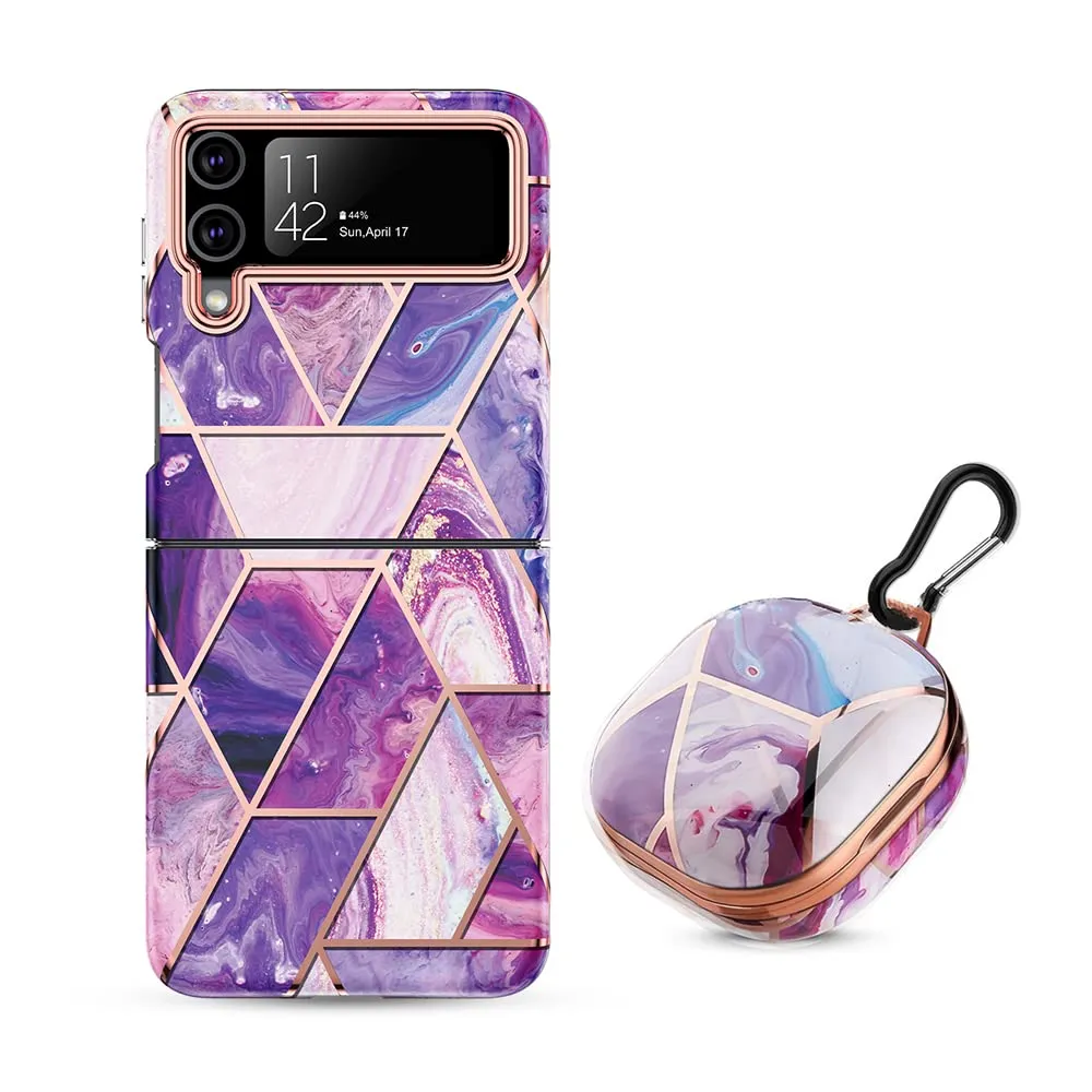 Samsung Galaxy Z Flip 4 Case   Galaxy Buds Case | Marble Pattern Phone Cover |  Purple