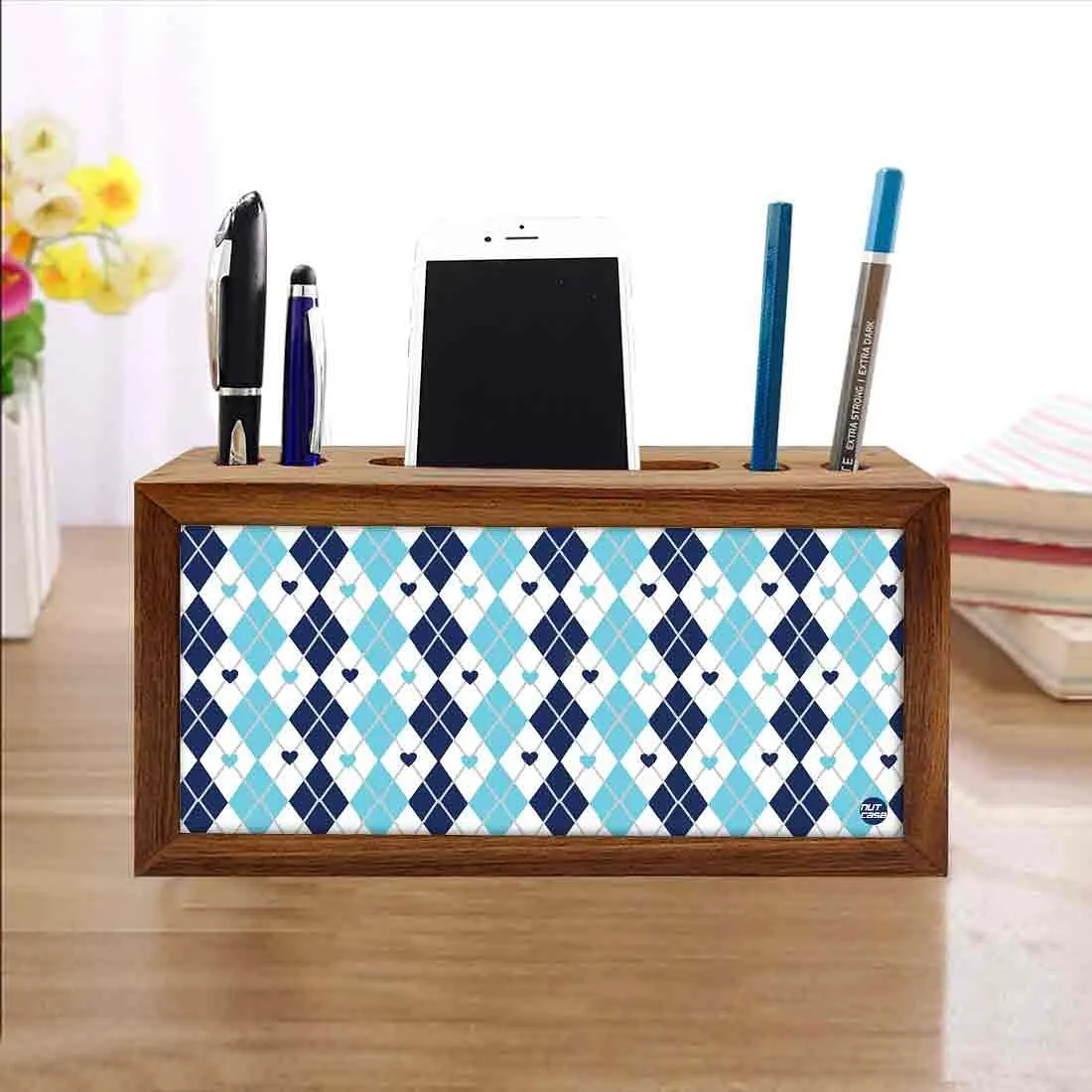 Small Pen Mobile Stand Desk Organizer for Office & Study Table - Blue Plaids