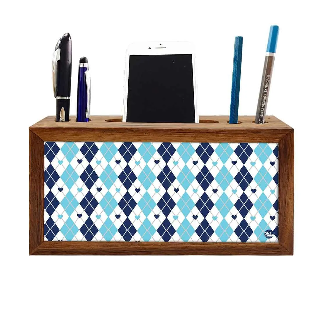 Small Pen Mobile Stand Desk Organizer for Office & Study Table - Blue Plaids