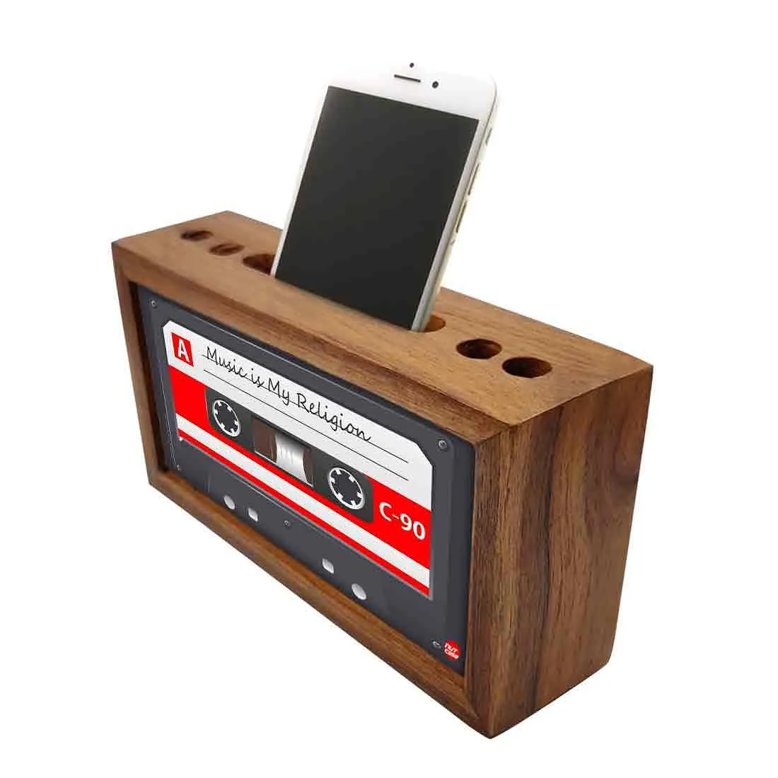 Small Wooden Pen Stand for Mobile Desk Organizers - Cassette Retro Music