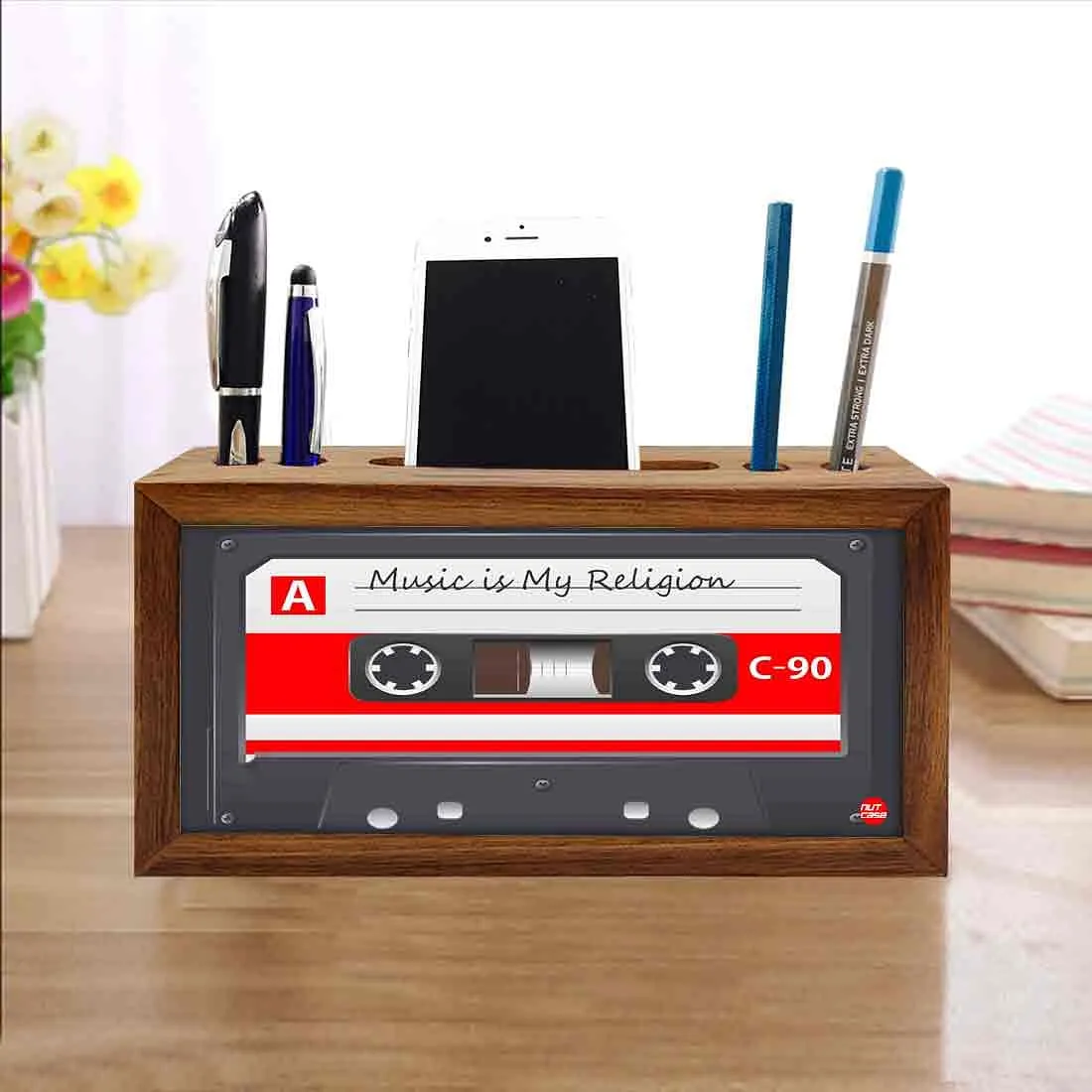 Small Wooden Pen Stand for Mobile Desk Organizers - Cassette Retro Music