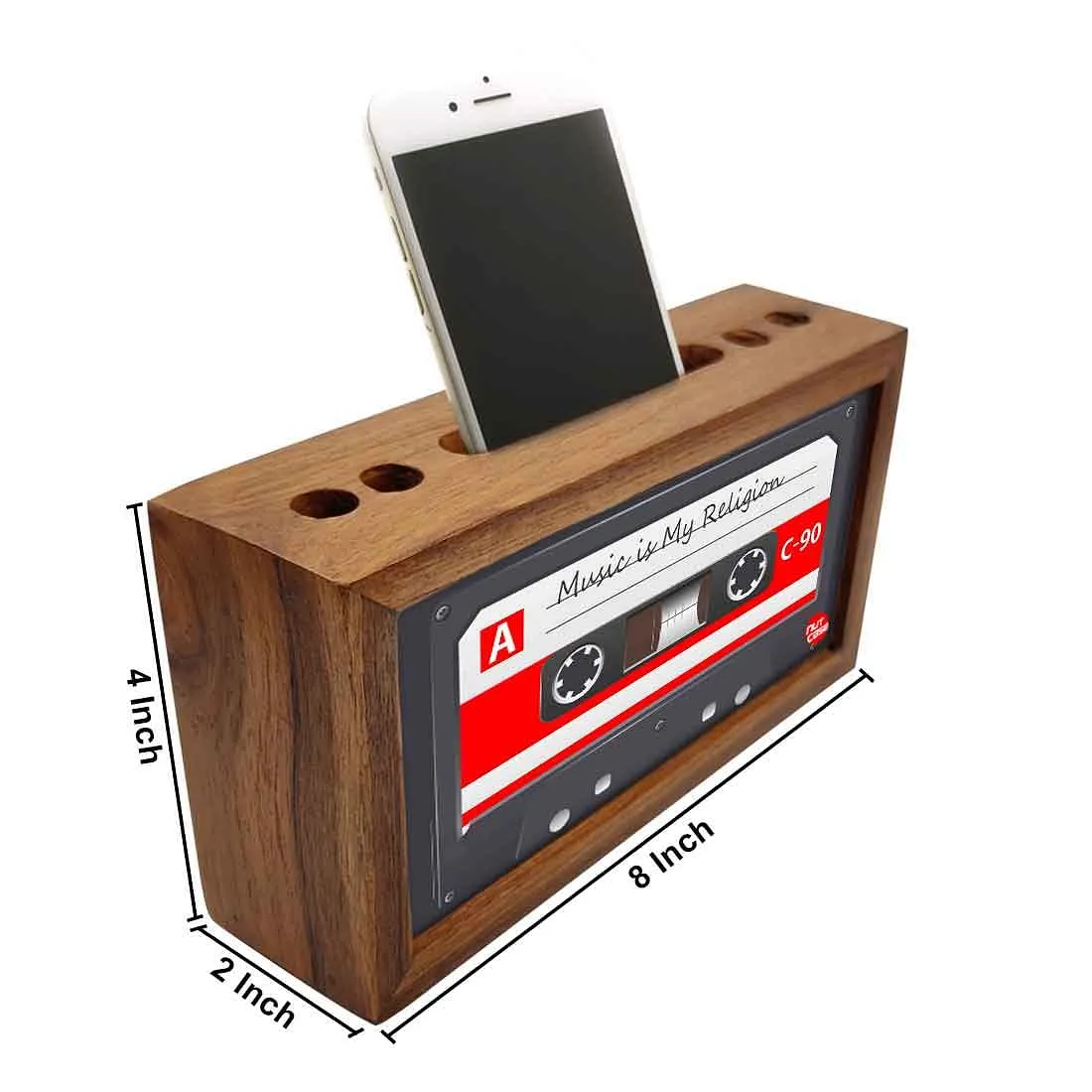 Small Wooden Pen Stand for Mobile Desk Organizers - Cassette Retro Music