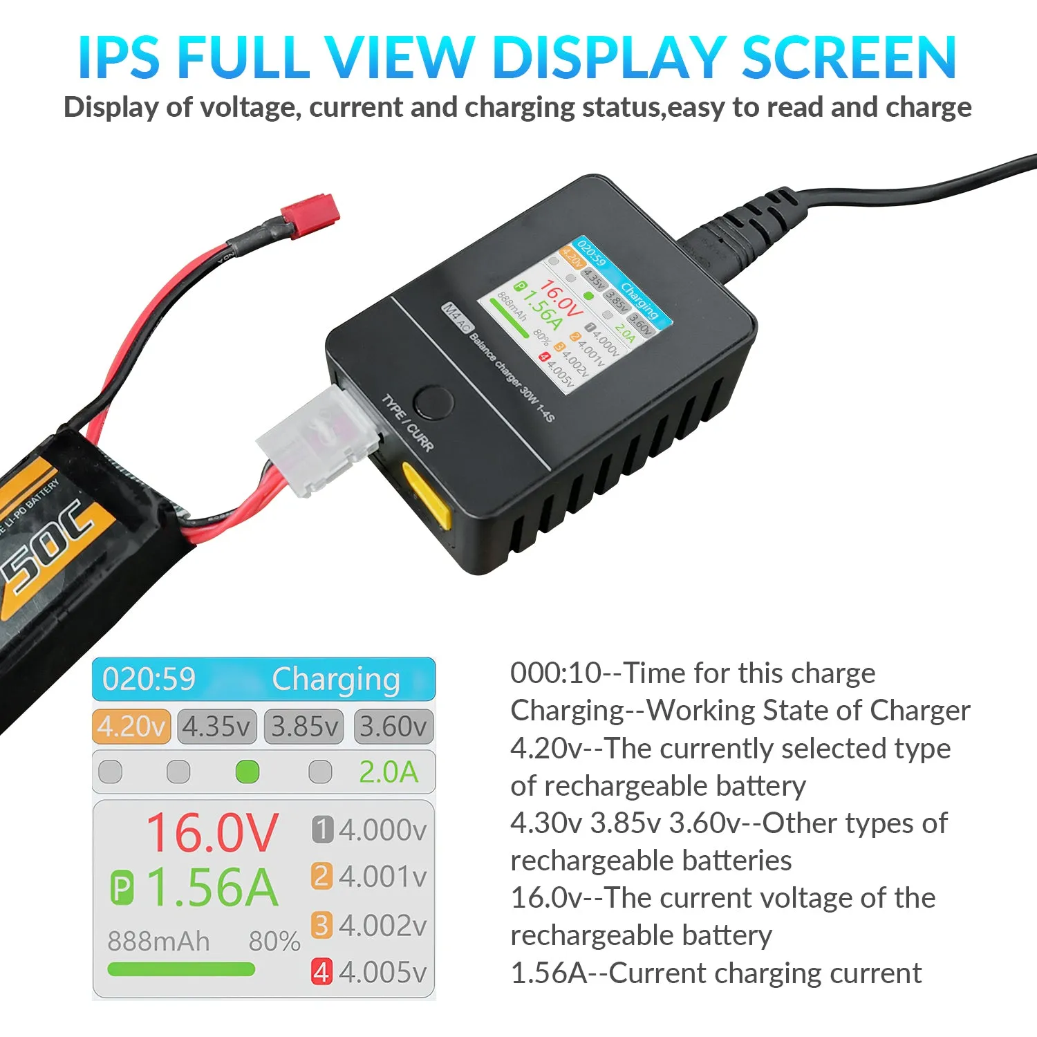 SUPULSE M4AC Lipo Balance Charger-30W 1-4S AC 100-240V for LiPo/LiHV/LiFe Batteries