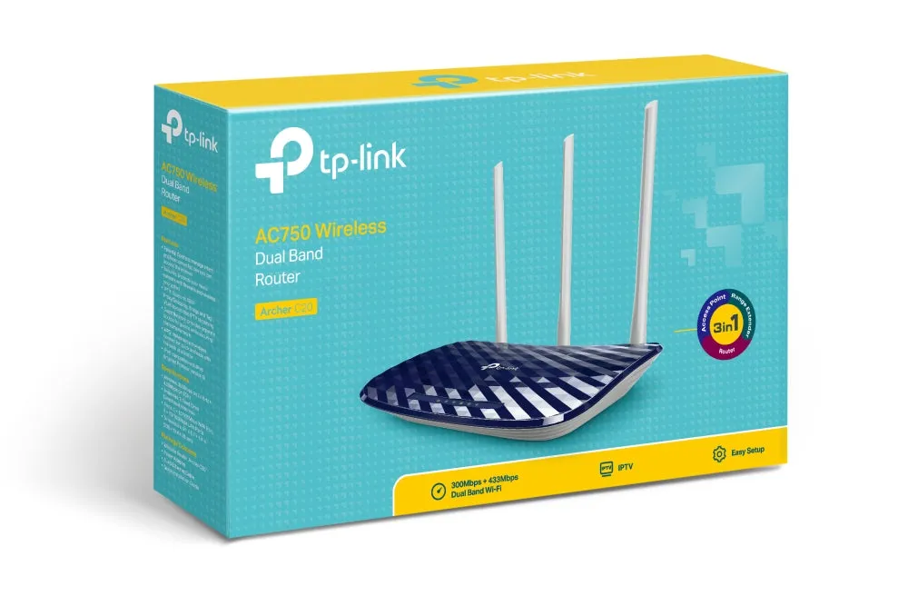 TP-Link AC750 Wireless Dual Band Router (Archer C20) , 2.4GHz 300Mbps   5GHz 433Mbps, 3 External Antennas (Archer C20) Black | AC750 Wireless Dual Band Router (ARCHER C20)