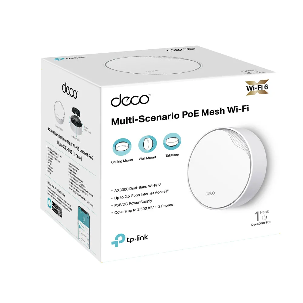 Tp-Link Deco X50-Poe V1 - Wi-Fi System (Router) - Mesh - Gige - Wi-Fi 6 - Dual Band - Wall-Mountable, Ceiling-Mountable