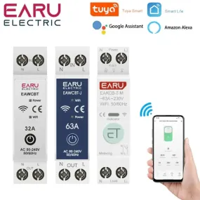 Tuya WiFi Smart Circuit Breaker MCB 1P N 63A Timer Power Energy kWh Voltage Current Meter Protector Voice Remote Control Switch