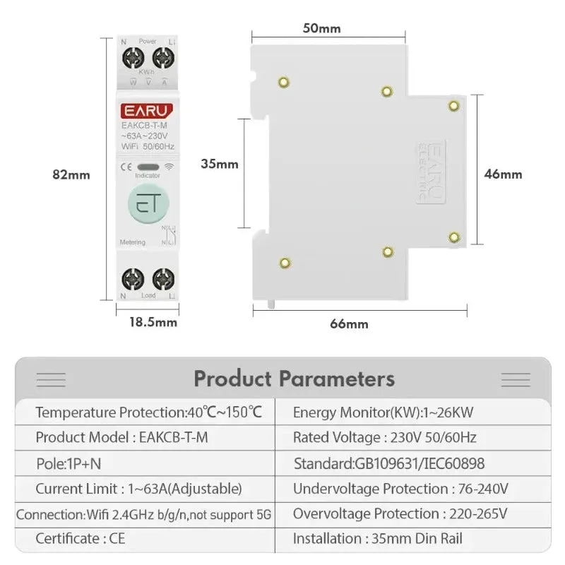 Tuya WiFi Smart Circuit Breaker MCB 1P N 63A Timer Power Energy kWh Voltage Current Meter Protector Voice Remote Control Switch