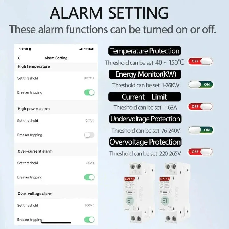 Tuya WiFi Smart Circuit Breaker MCB 1P N 63A Timer Power Energy kWh Voltage Current Meter Protector Voice Remote Control Switch