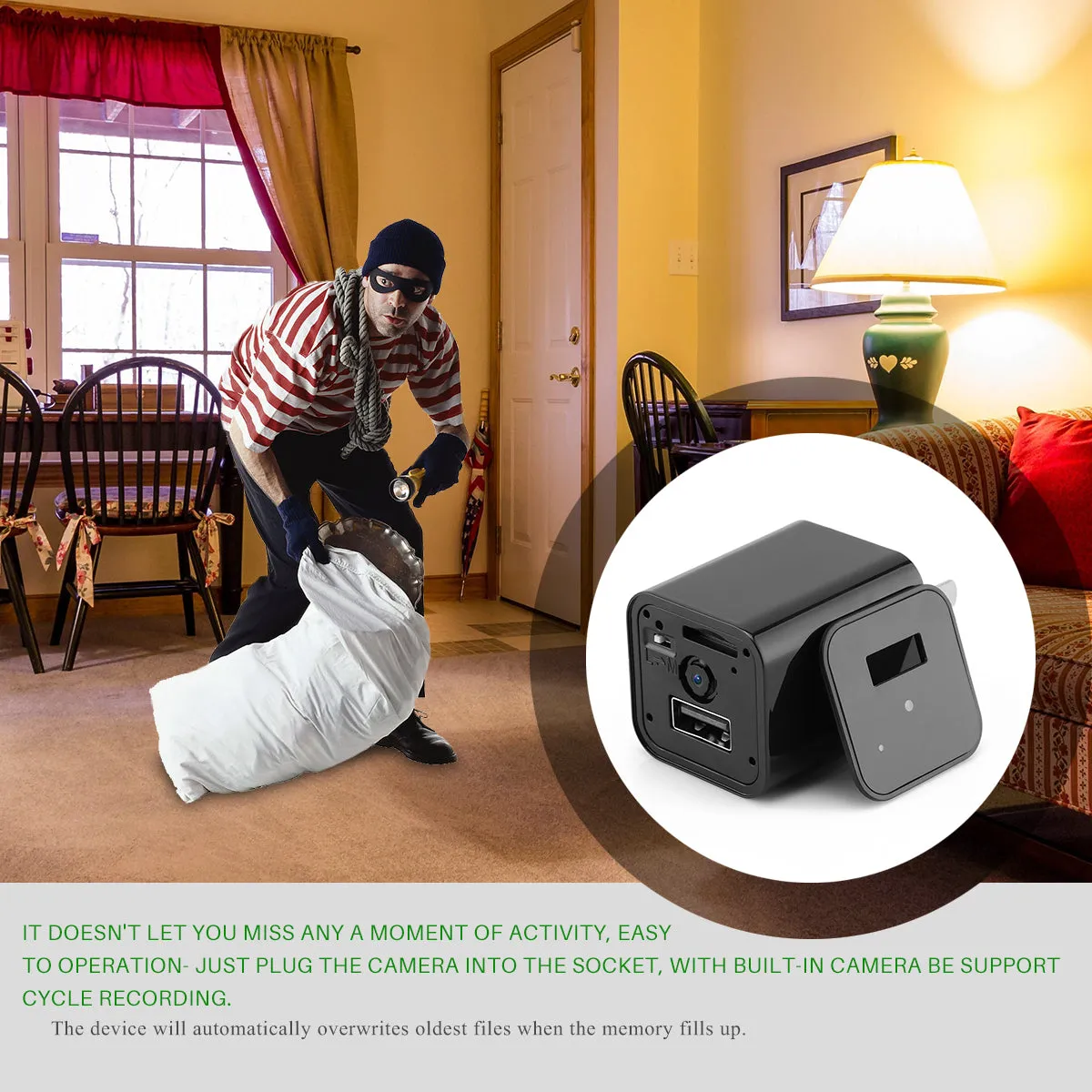 USB Charger and HD 1080p Hidden Spy Camera for Home Security