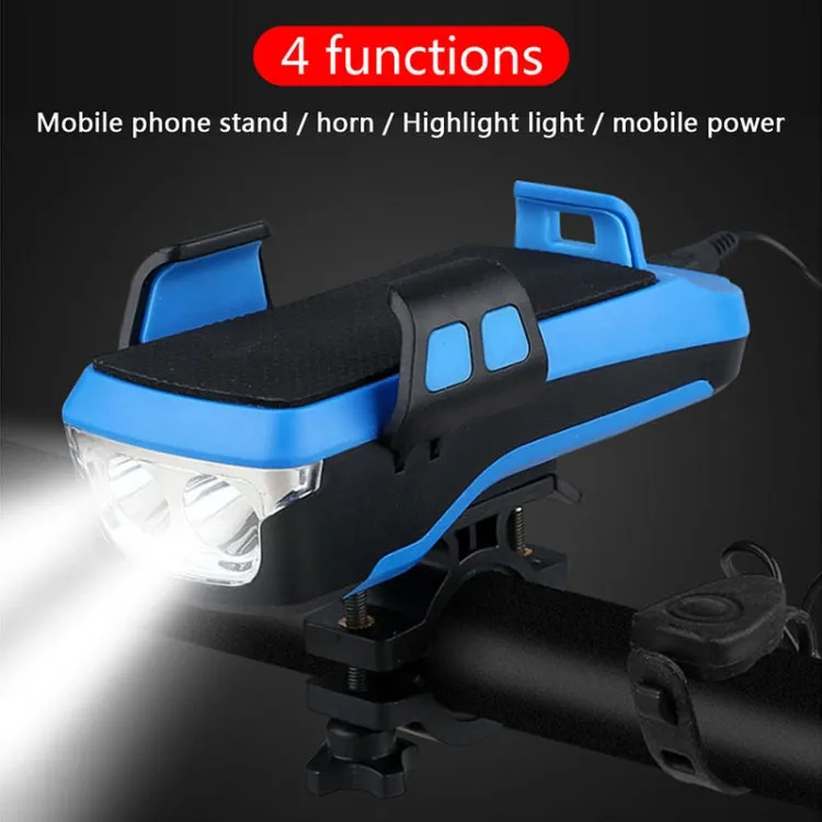 USB Charging Bicycle Light Front Handlebar Led Light  ， with Holder & Electric Horn，2400mAh Battery(Blue)