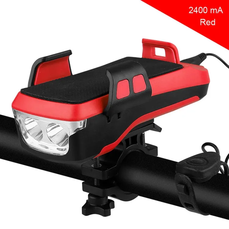 USB Charging Bicycle Light Front Handlebar Led Light  ， with Holder & Electric Horn，2400mAh Battery(Red)