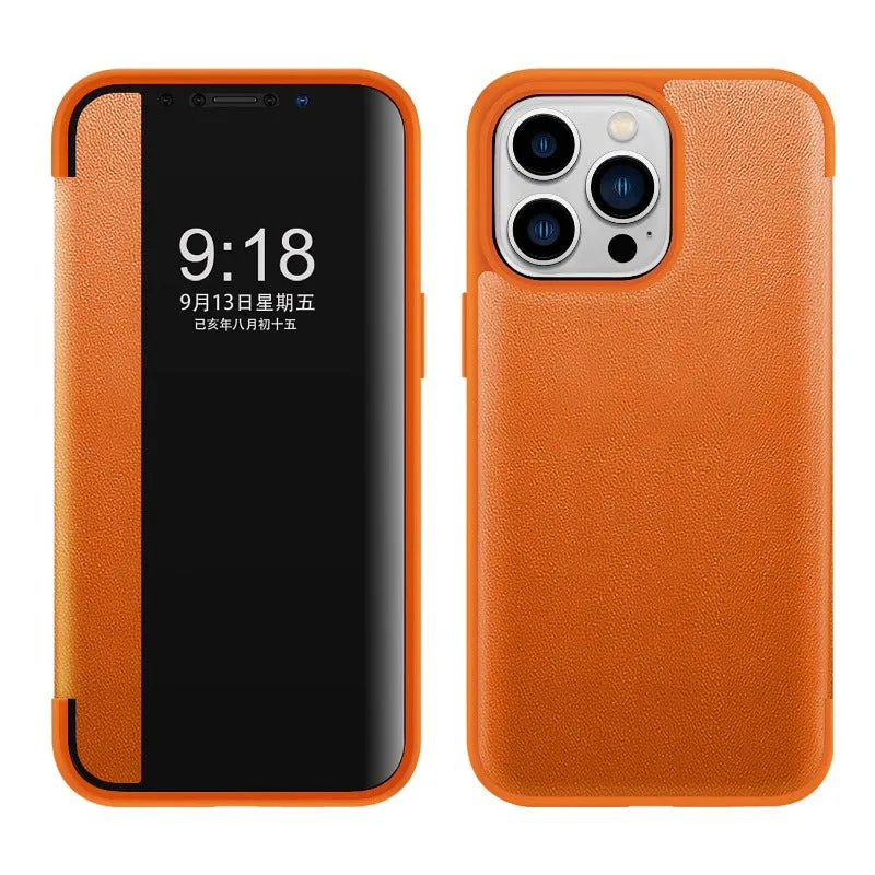 View Window Business Plain Leather Flip Phone Case For iPhone