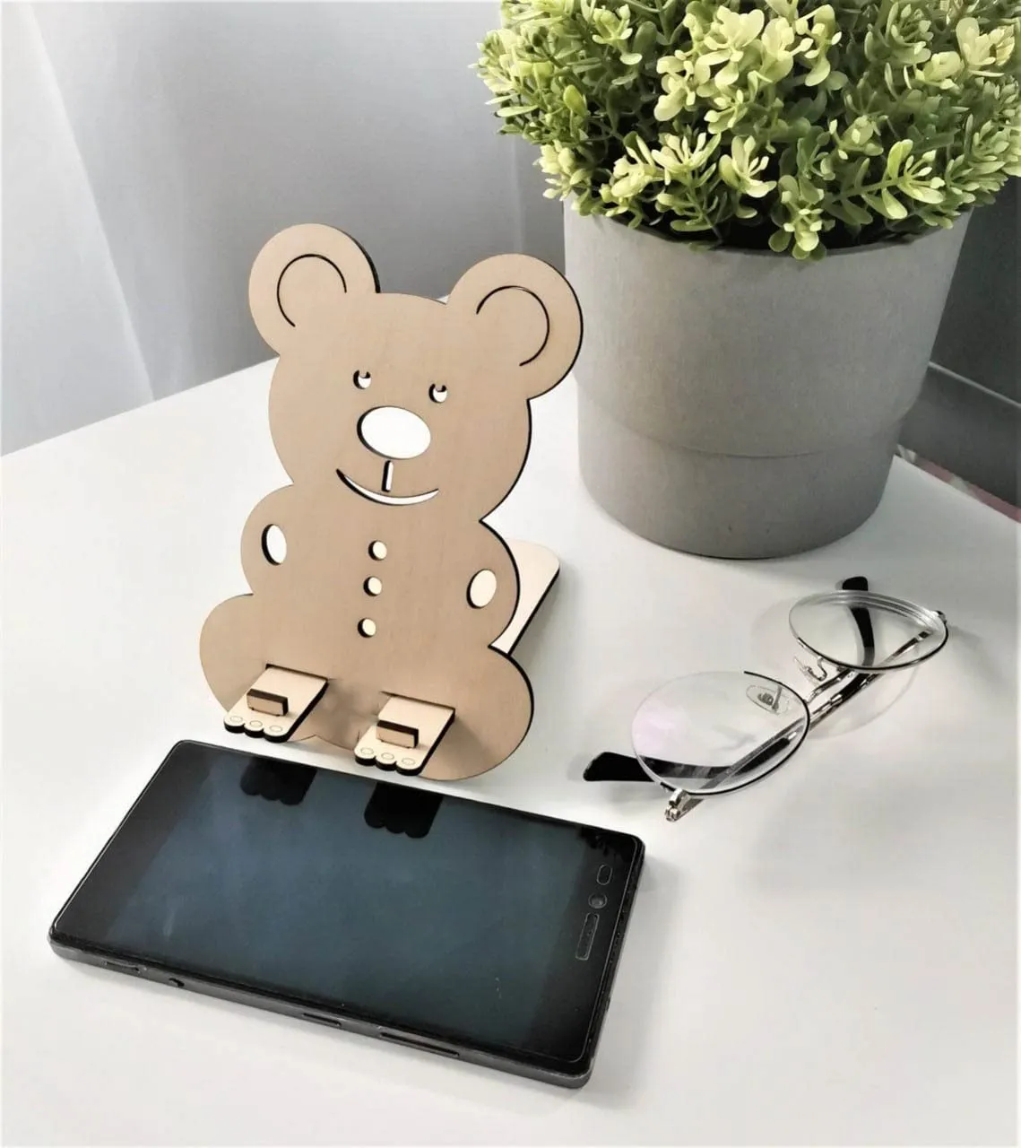 Whittlewud Foldable Bear Wood Cell Phone Holder Stand for Desk - Fun Wooden Phone Stand for Table - Stand for All Mobile Phones, iPhone